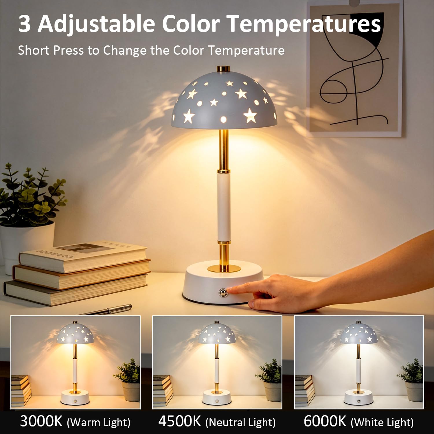 Cordless Touch Lamp, 4000mAh Rechargeable Battery Operated Table Lamp with 3 Color Modes & Stepless Dimming, Portable Metal LED Lamp for Bedroom, Dining Table, Kitchen, Patio (White)