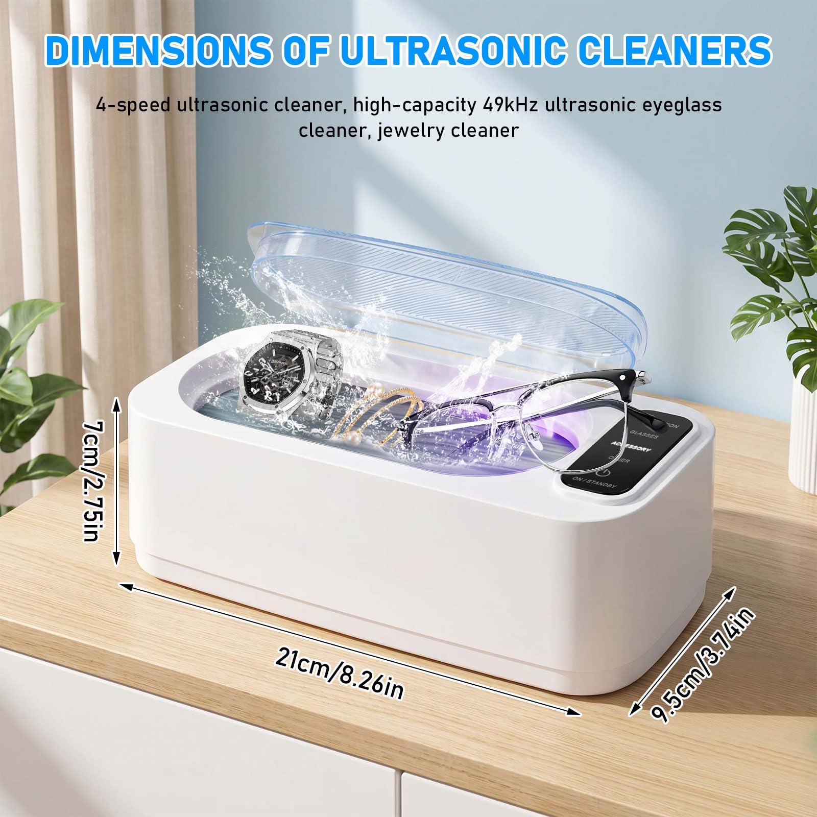 Ultrasoniczne urządzenie do czyszczenia okularów, 49000 Hz, 350 ml, ultradźwiękowe urządzenie do czyszczenia, 4 tryby, nadaje się do okularów, zegarków, biżuterii, protez dentystycznych