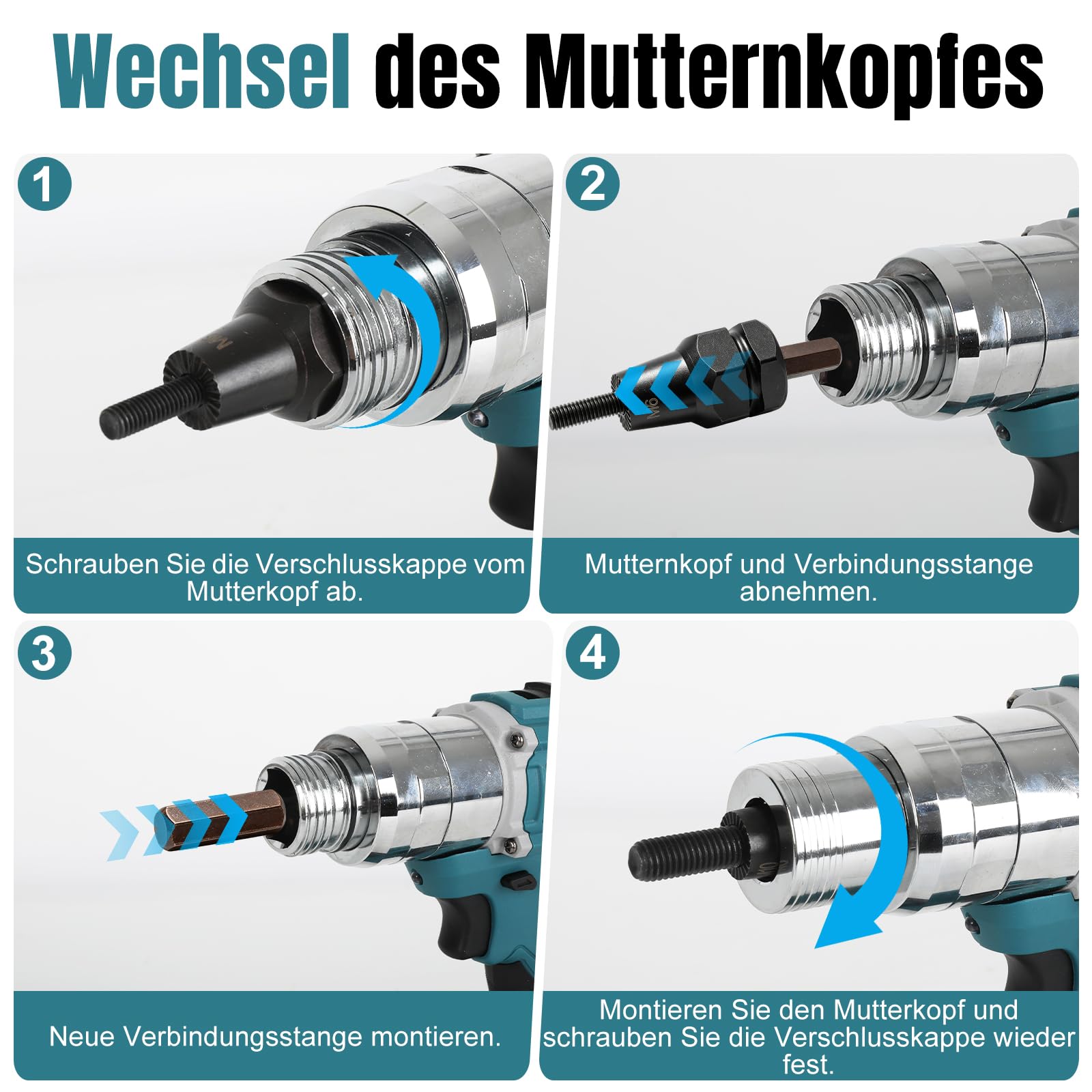 Elektryczny nitownik kompatybilny z akumulatorem Makita 18 V, silnik bezszczotkowy, siła ciągnąca 100 Nm, 600-2000 obr./min, do nakrętek M3-M10, 6 nitów i 30 drążków