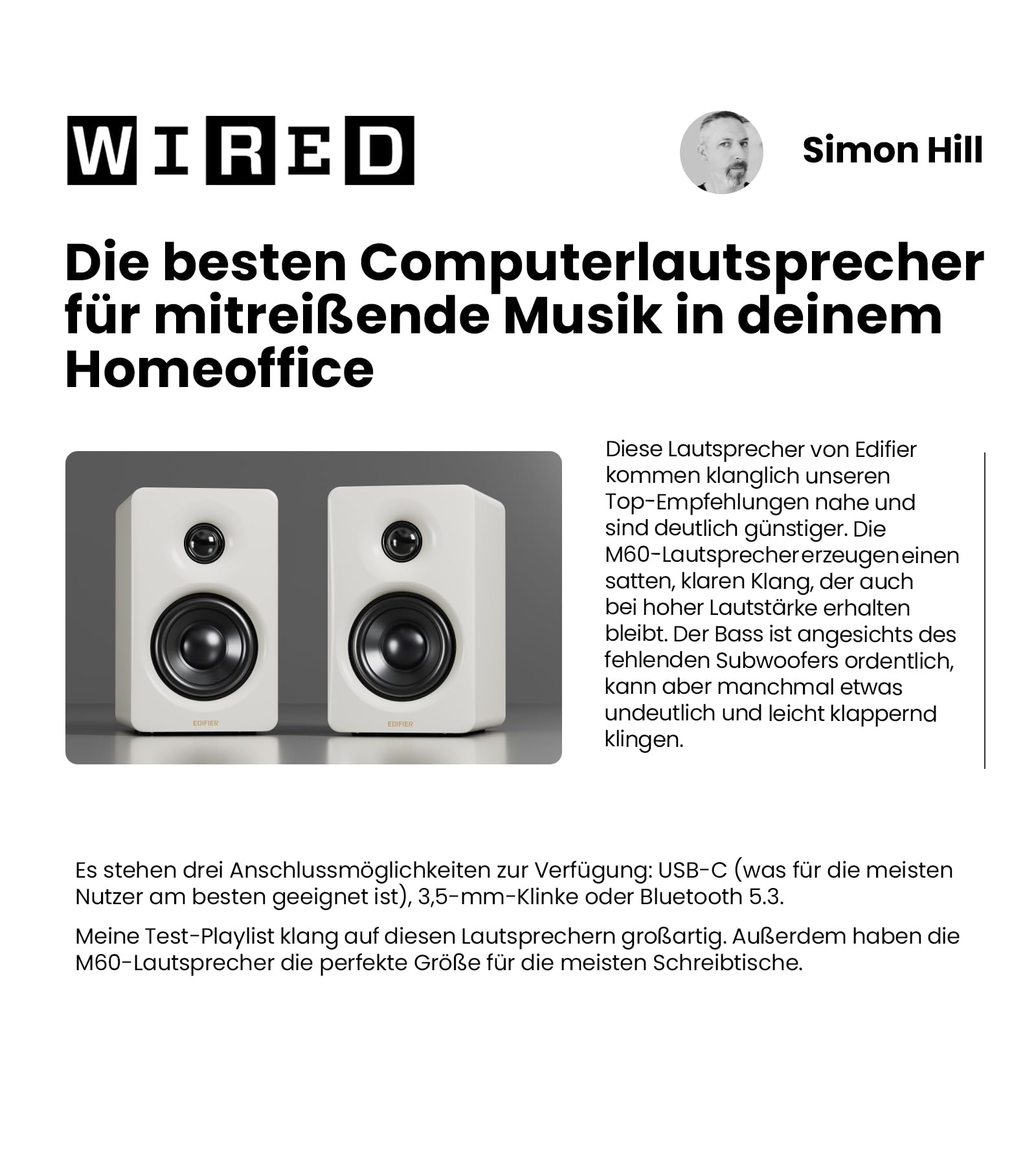 Edifier M60 Multimedia-Lautsprecher Bluetooth 5.3, 66W RMS, Hi-Res Audio & Hi-Res Wireless Audio, LDAC, 3" Mittelbass & 1" Hochtöner, USB-C & Aux-Eingänge, Kompakter Desktop Lautsprecher - Schwarz
