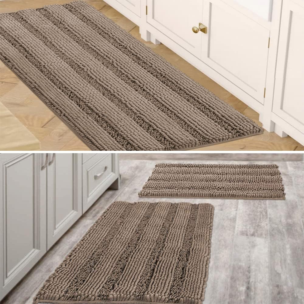 H.VERSAILTEX Item Striped Chenille Rug Pack 2-20" x 32"/17" x 24" and Pack 1-47" x 17" Bundle, Taupe Brown
