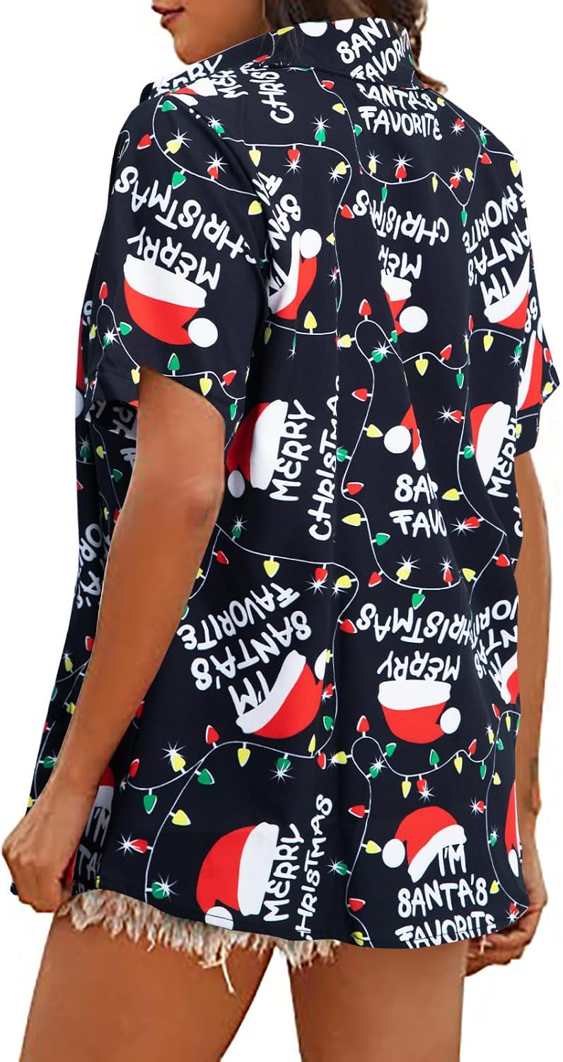 Christmas Shirt Women Hawaiian Button Down Shirts Vintage Christmas Graphic Short Sleeve Button Up Tops