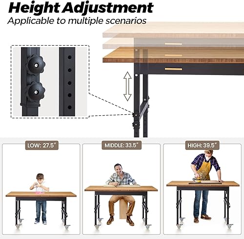 Miniatura 4 de Banco de trabajo para garaje de 47.2 pulgadas, con capacidad de 2700 grados, con cajón, regleta de alimentación superior de bambú, ajuste de altura,