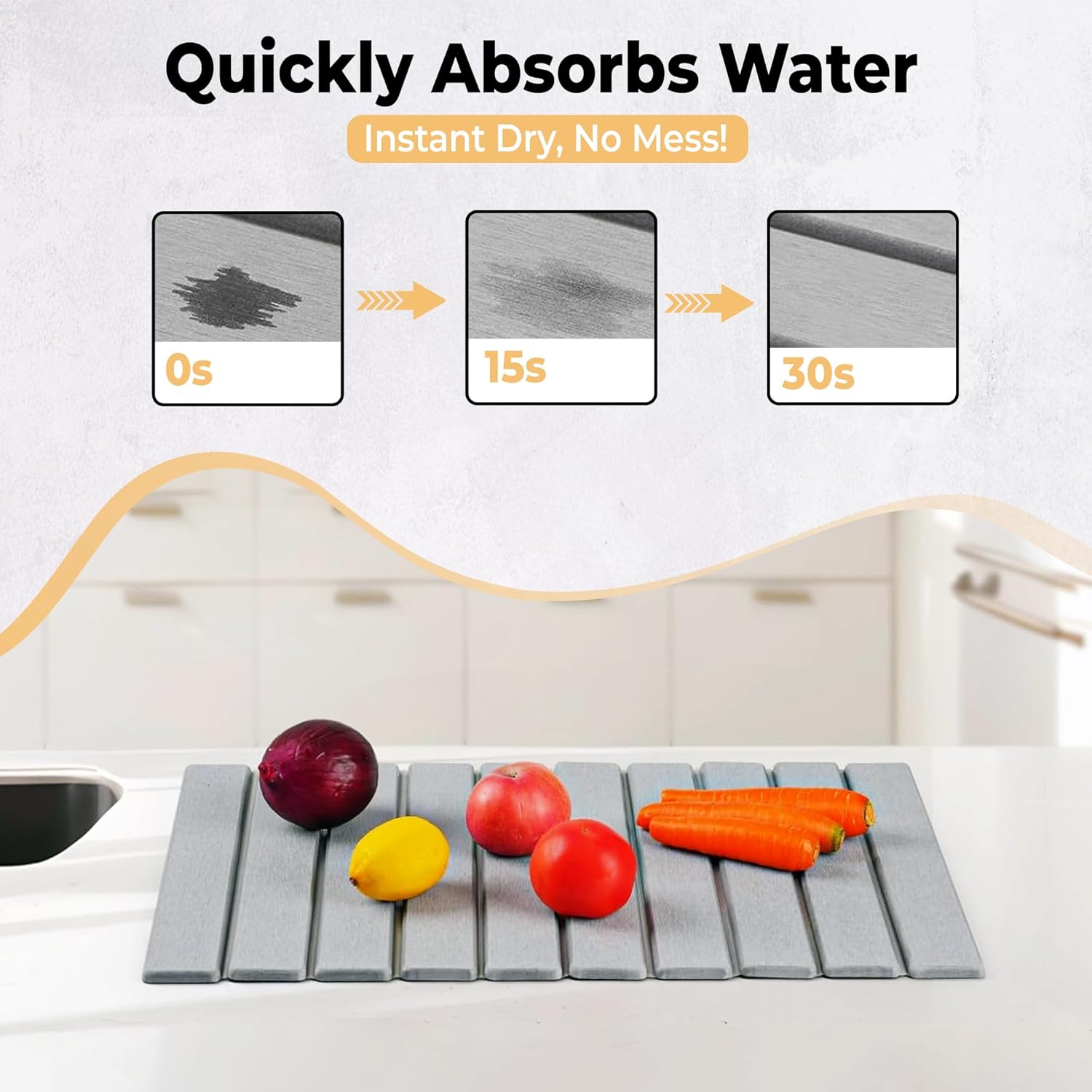 Large Stone Dish Drying Mat for Kitchen Counter, 24"x16", Fast Drying Collapsible, Diatomaceous Earth Mat, Super Absorbent Folding Mat for Dishes, Bottles, Glasses, Heat-Resistant, Non-Slip