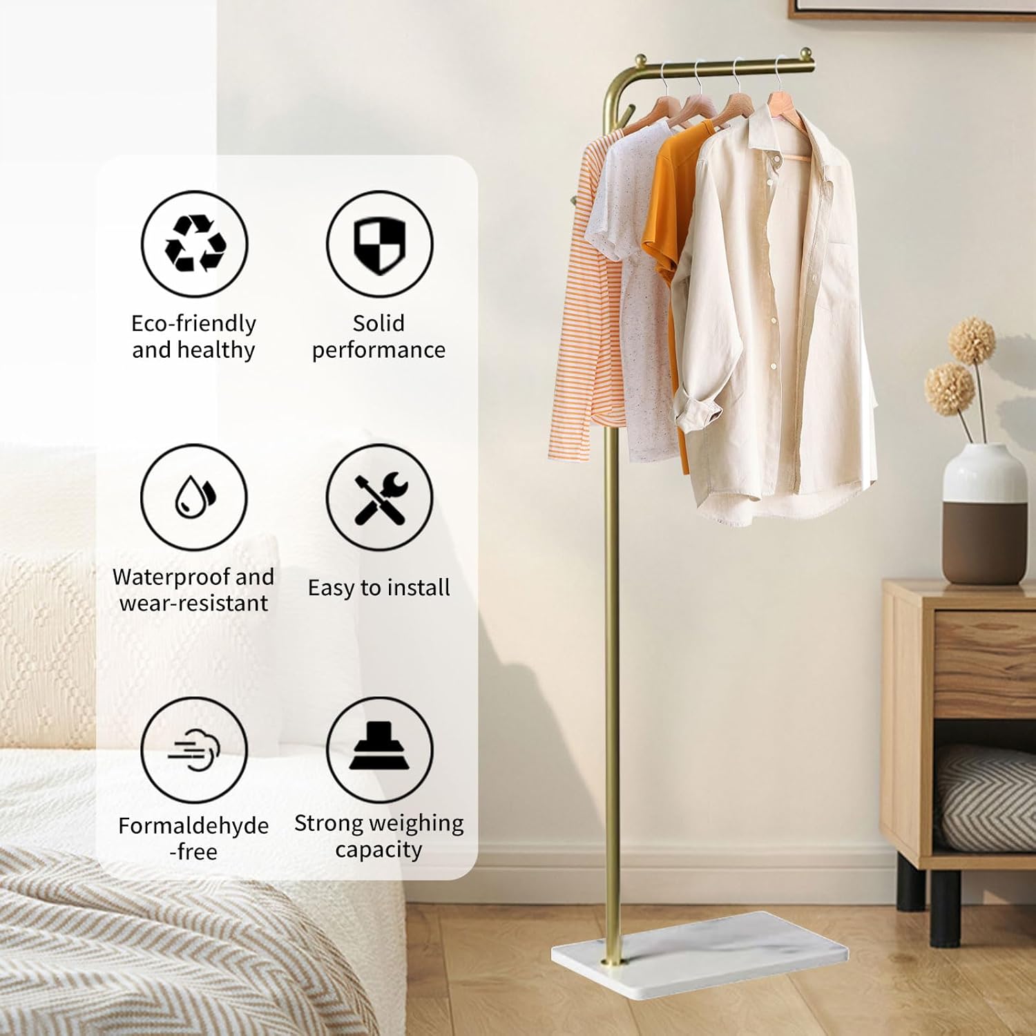 TBTFW Gold Coat Rack, L shaped Coat Hanger Stand with 3 Hooks and Thickened Base, Freestanding Coat Rack used for Hanging Clothes, Hats, Handbags, Scarves (67in)