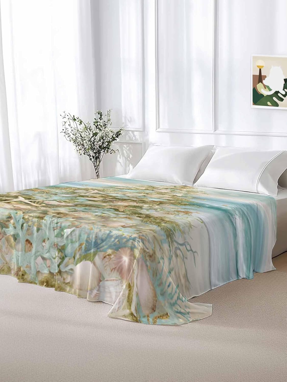 Queen Size Flat Sheet Only, Coastal Beach Soft Brushed Microfiber Bed Sheets, Summer Ocean Wave Starfish Coral Trees Hotel Quality Breathable Bedding Top Sheet, Easy Care, 90"x102"