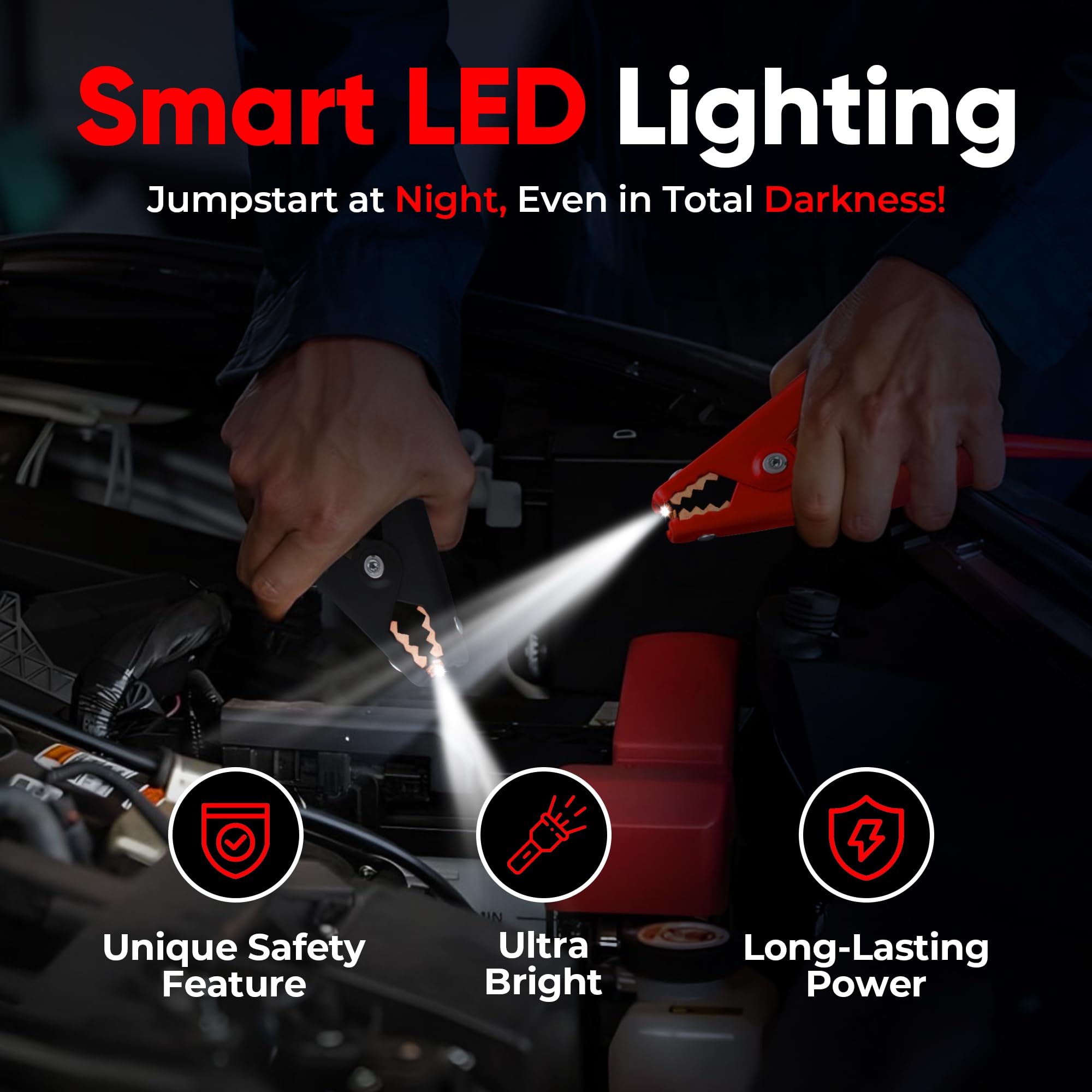 Safe Start Illumi - Kit di cavi di avviamento resistenti da 3,7 m, 6 GA per auto, camion, indicatori W/LED per uso notturno, protezione da inversione di polarità, filo di rame, design tradizionale