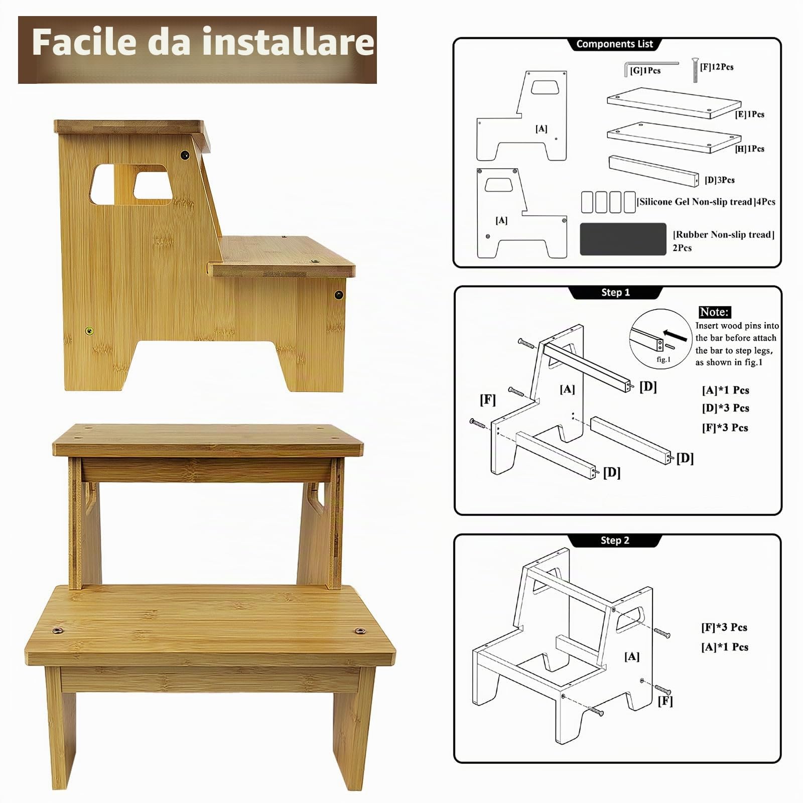 Gradino Legno, con 2 Gradini, Maniglia e Tappetino Antiscivolo, Sicuro e Stabile, Superficie Liscia e Priva di Bave, Adatto a Bagni, Cucine e Camere Dei Bambini