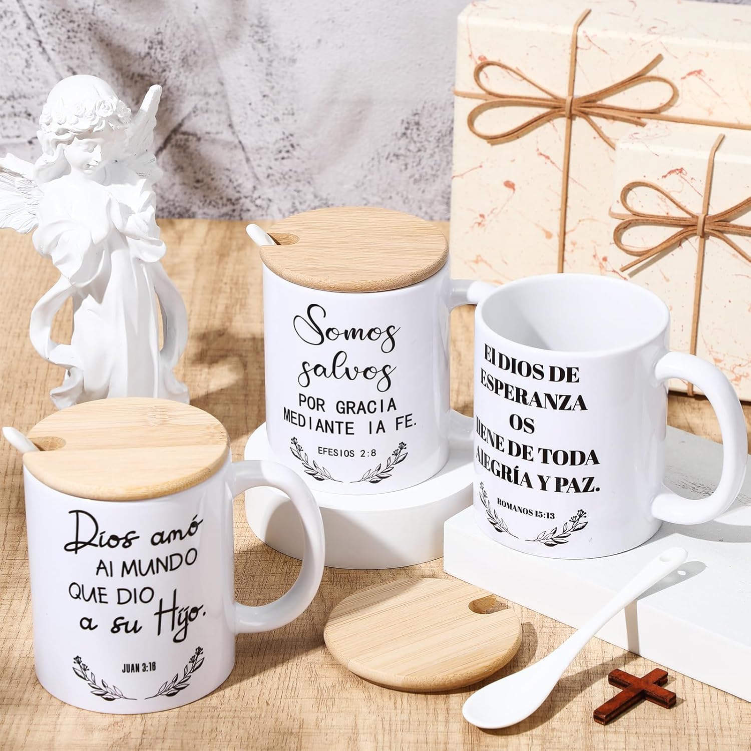 12 Sets Christian Gifts Bulk Religious Mugs 12oz Bible Verses Ceramic Coffee Cup with Lid Handle Spoon Inspirational Mug Church Gift for Coworker Employee Staff(Spanish) - Image 4