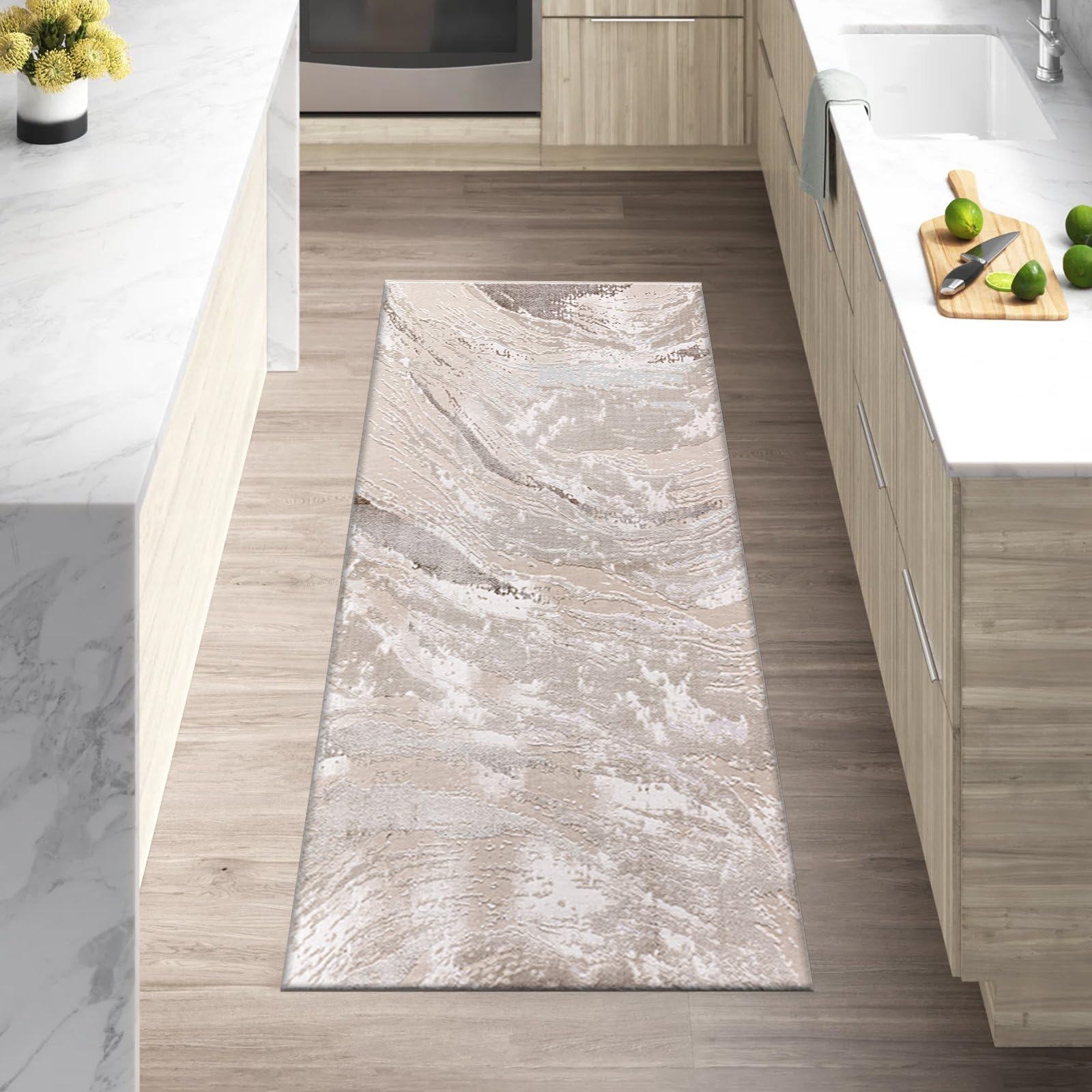 renoazul® Soft Pile Hallway Runners - Jeze Beige Abstract Rug - 60 x 220 cm - Washable Jute Runner Rug For Hallway, Kitchen and Bedside Rugs