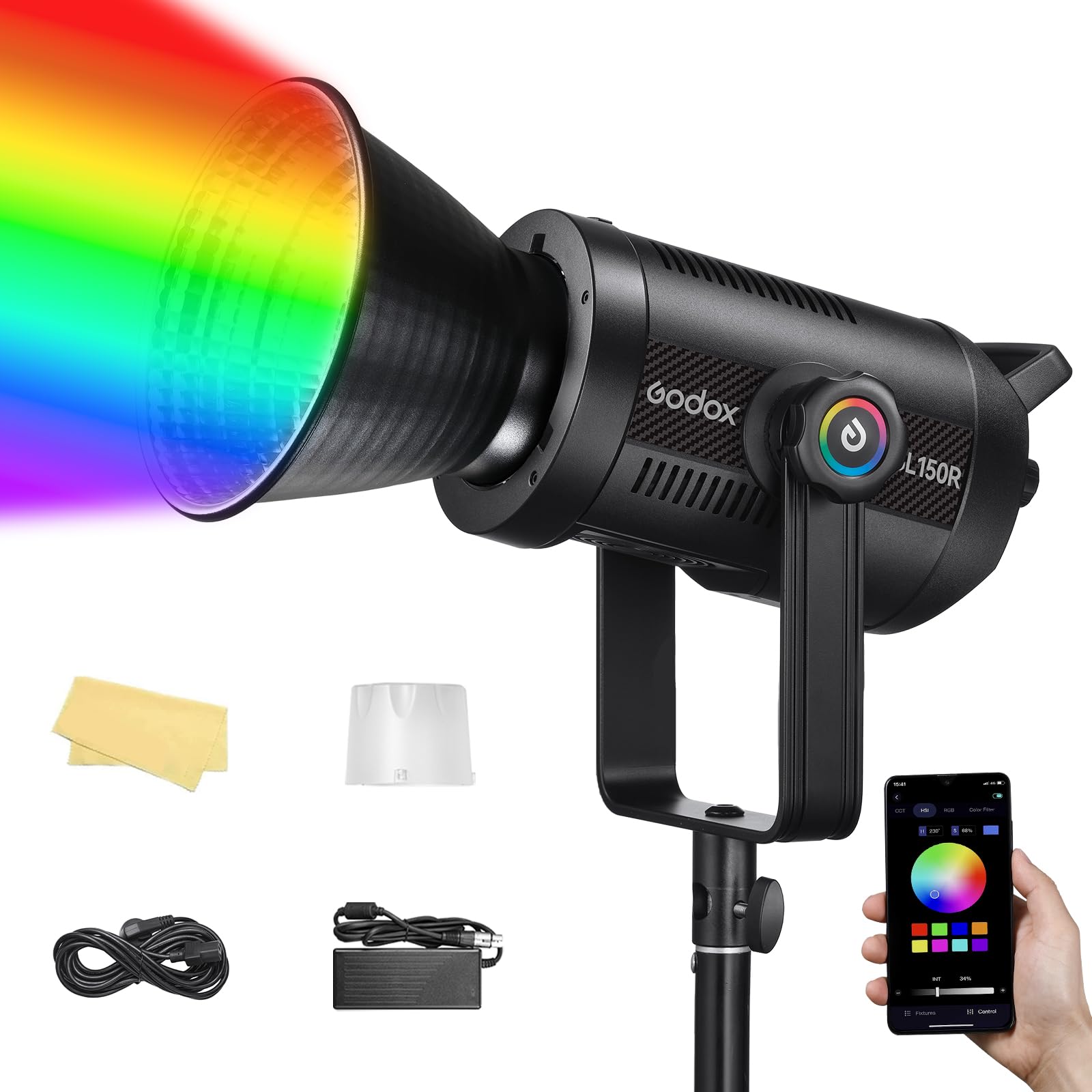 Godox SL150R 165W RGB LED Video Light 5600K@1m CRI≥96,TLCI≥96 14 FX Bowens Mount Silent Continuous Output Lighting APP/2.4G Control 360° Full 60 Gels