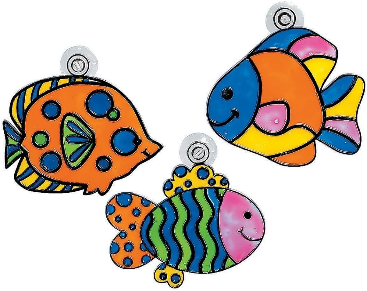 Fun Express Fish Suncatcher Kit for Kids Ages 4-8-DIY Paint Your Own Sun Catcher Craft Supplies for Indoor Window Art | Ocean Theme Painting Kits for Spring Summer VBS 2026 Christian Crafts Activities