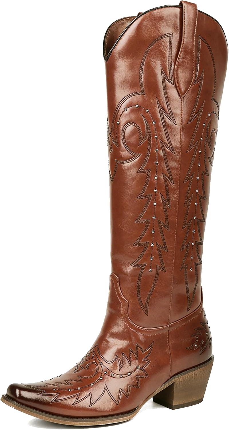 Meefit Embroidered Cowboy Boots for Women Knee High Cowgirl Western Boots,Square Snip Toe Country Boot Tall Shoes