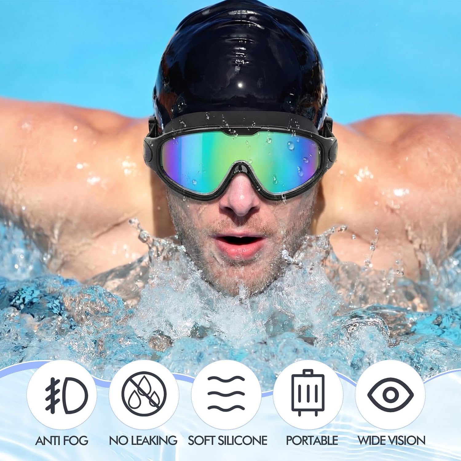 Kanayu 6 Pcs Swim Goggles for Adult UV Protection Wide View No Leaking Anti Fog Pool Goggles with Earplug Nose Clip for Men