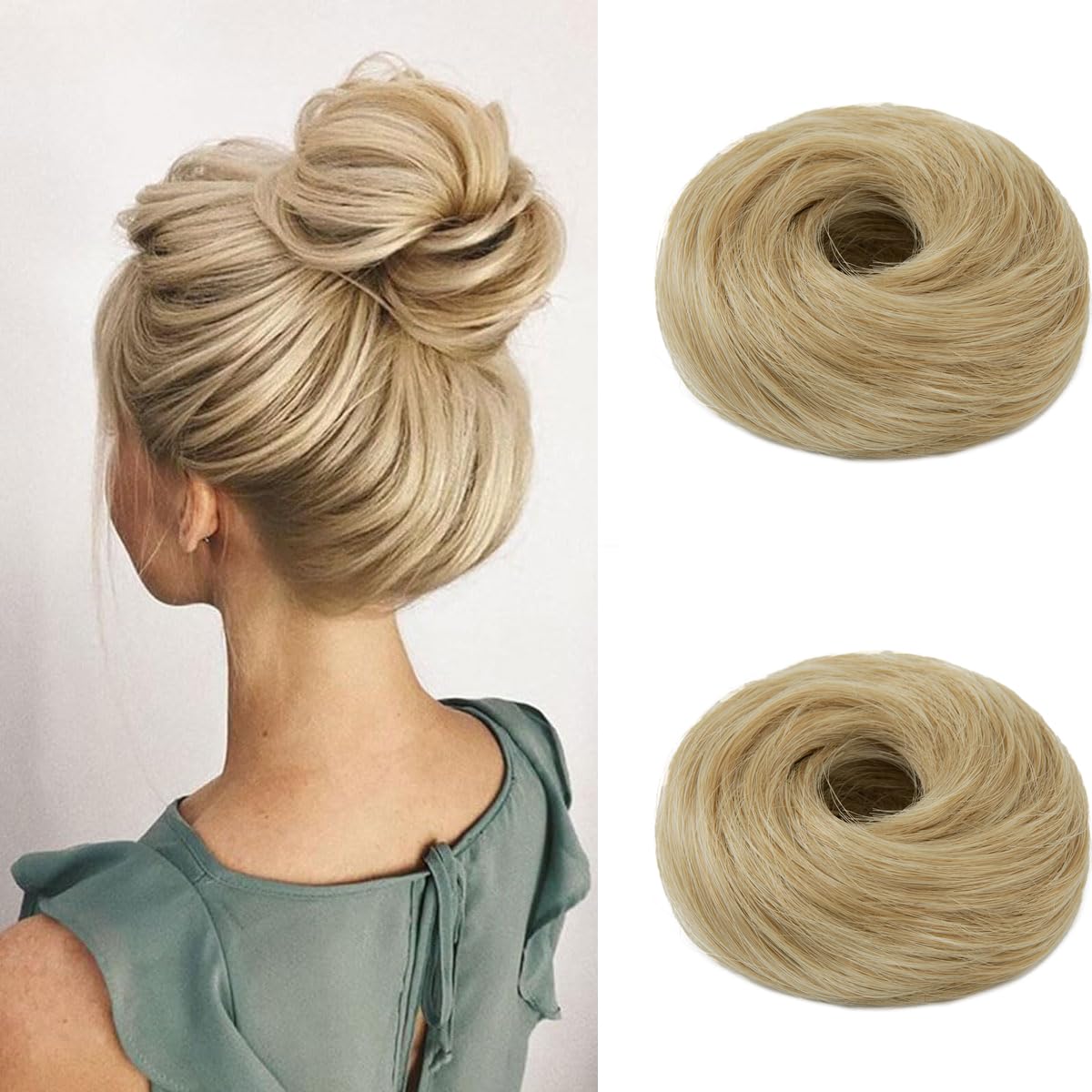 Photo 1 of ***DISPLAYS HONEY BLONDE IN PERSON *** IOVOIMMSL 2PCS Small Cute Messy Bun Hair Piece for Thin Hair Women Mini Synthetic Curly Bun Scrunchies Updo Hairpieces Natural Blonde