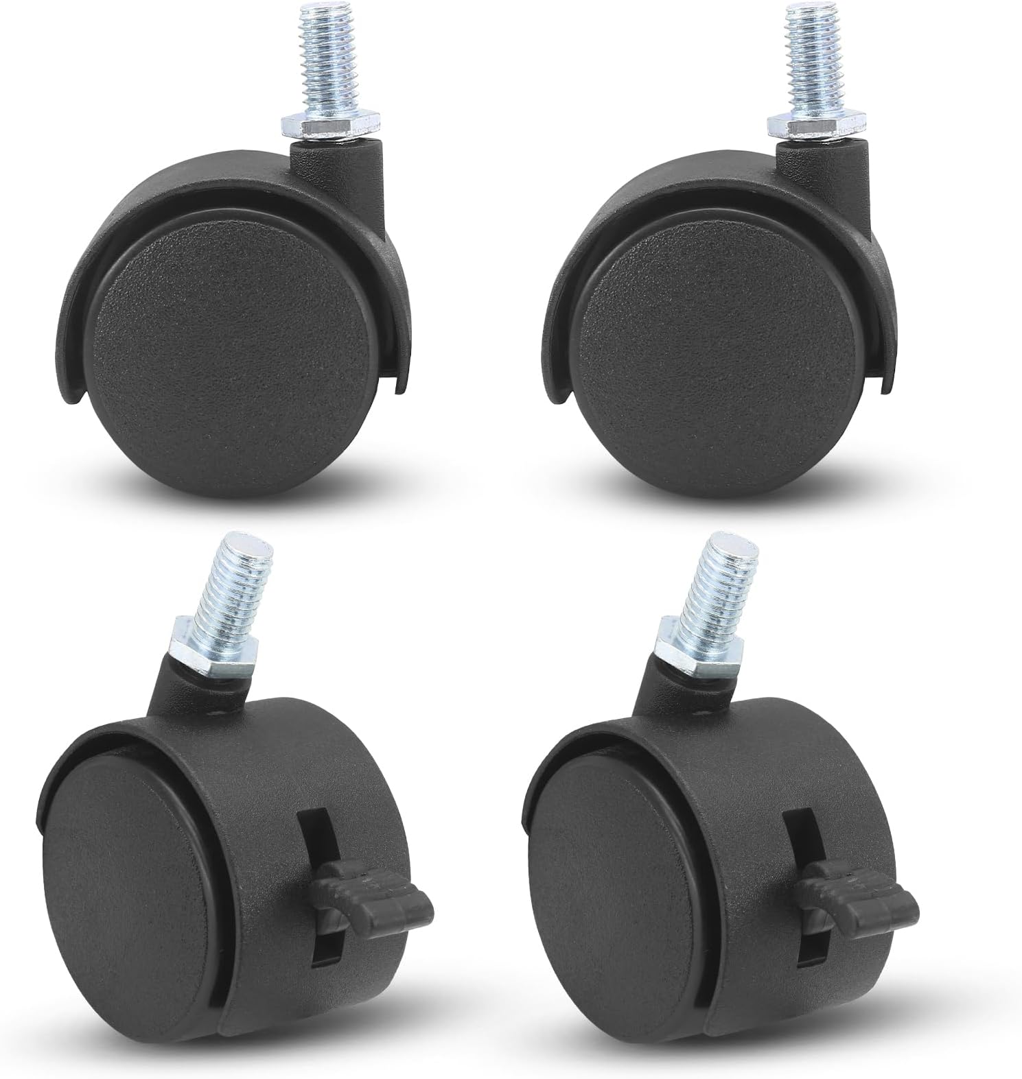 Murtenze 1.5 Inch Black Plastic Stem Casters Set of 4, M8 Threaded Nylon Furniture Wheel Replacement, 360 Degree Swivel Stem Wheels for Cart, Workbench(2 * with Brake,2 * with No Brake)