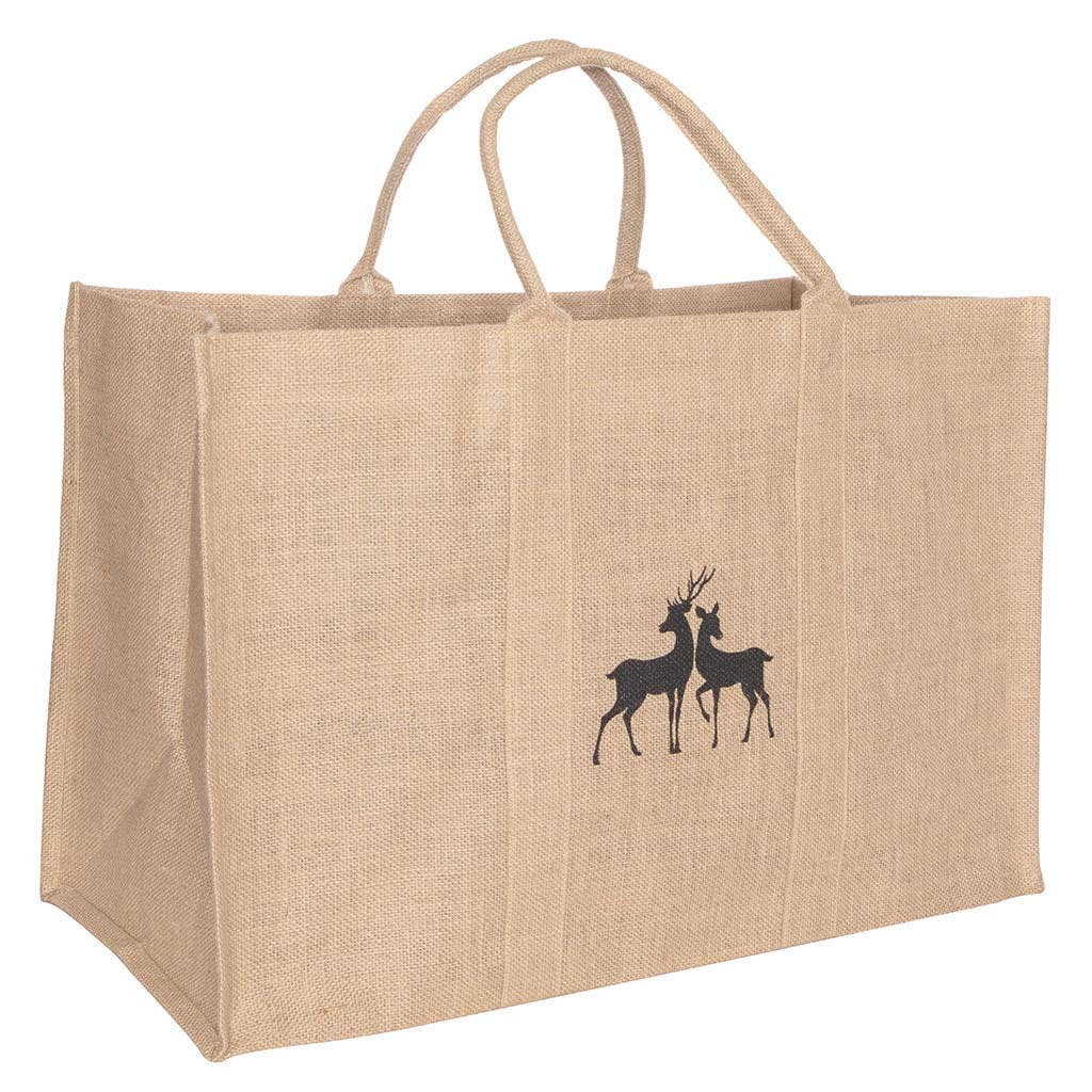 Heavy Duty Natural Jute Canvas Kindling Wood Log Carrier Bag (Beige Stag)