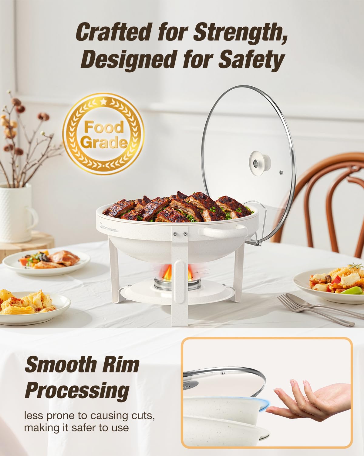 WARMOUNTS Platos de frotamiento blancos para buffet con tapa de vidrio (5 cuartos de galón, 2 unidades), juego de platos redondos recubiertos de maifanita con acero inoxidable pulido con espejo, borde