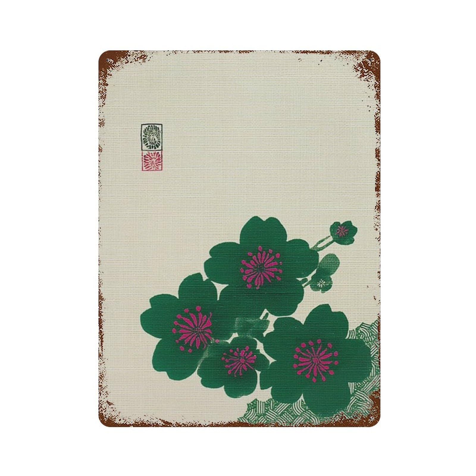 xiaoxiaoshen Green Sakura Blossom Japanese Floral Minimal Botanical Nature Wall Decor Art Metal Tin Poster Modern Home Decor Art Home Bar Shop Decorations Vintage Sign 40x30cm