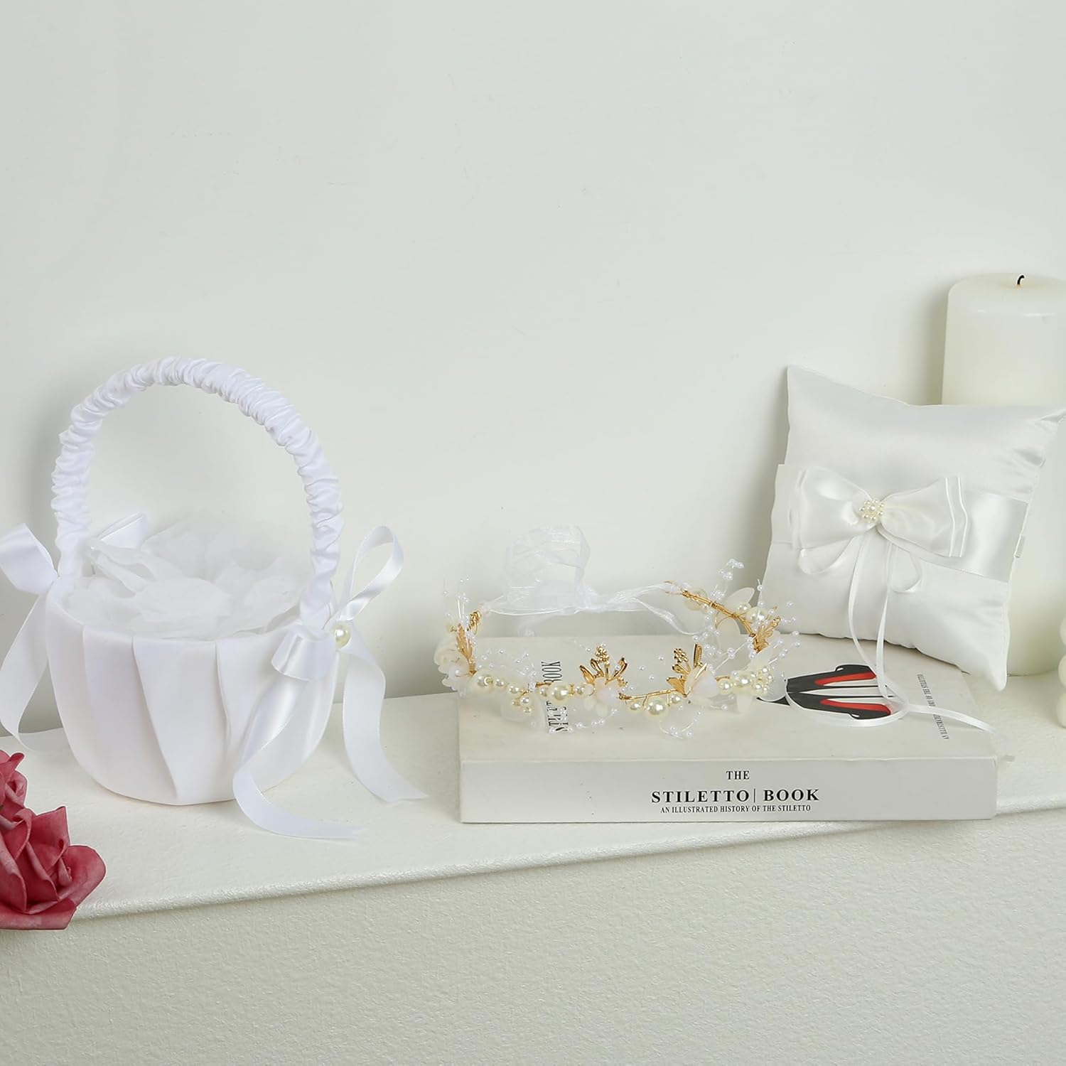 Ring Bearer Pillow - Flower Girl Basket, Wedding Flower Girl Basket and Ring Bearer Pillow Set, 500 Artificial White Ivory Rrose Petals, Fairy Flower Headband, Wedding Ring Pillow for Ceremony