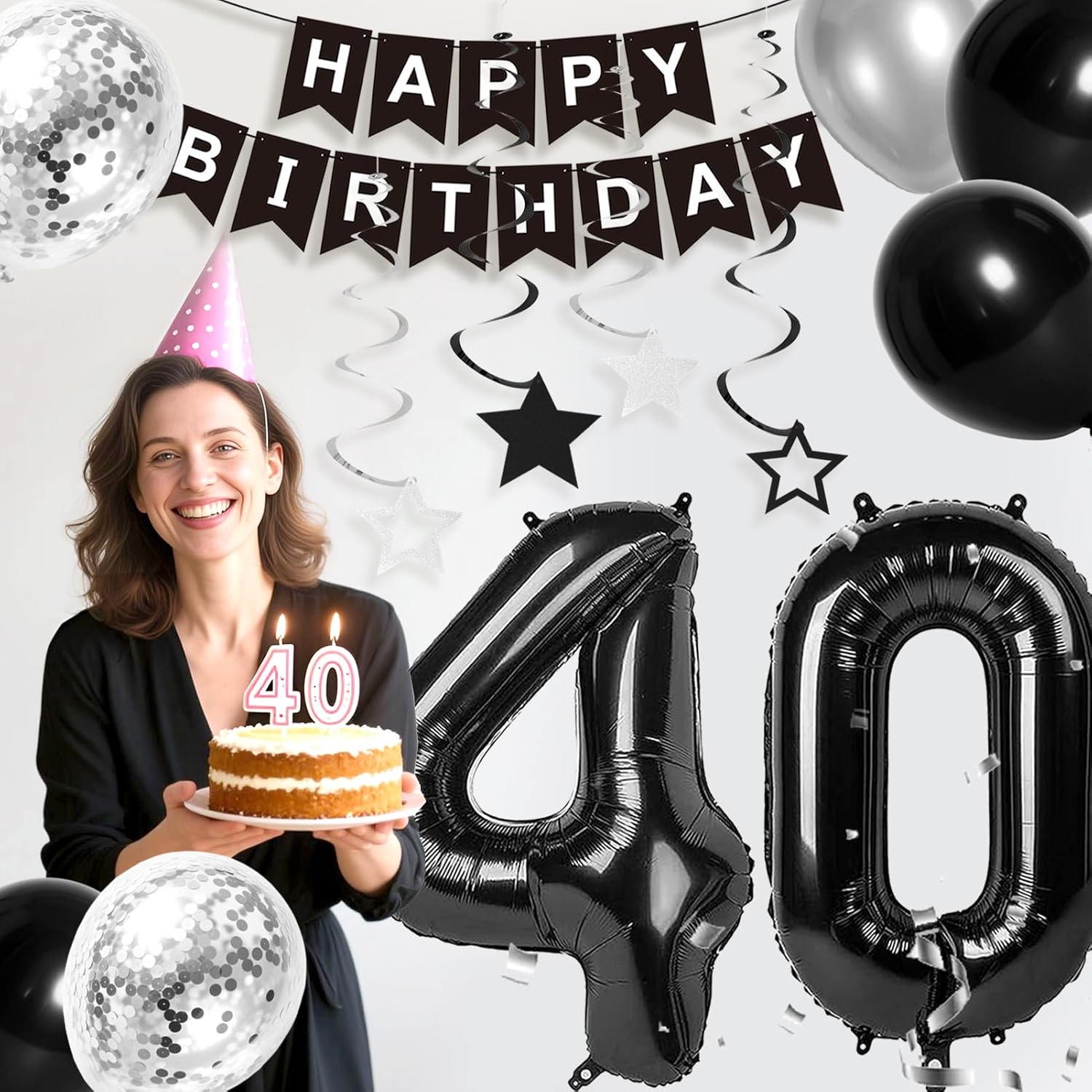 40th Birthday Decorations for Men Women, Black Silver 40th Birthday Banner Balloons Swirls Party Supplies,40 Year Old Birthday Party Decorations - Image 4