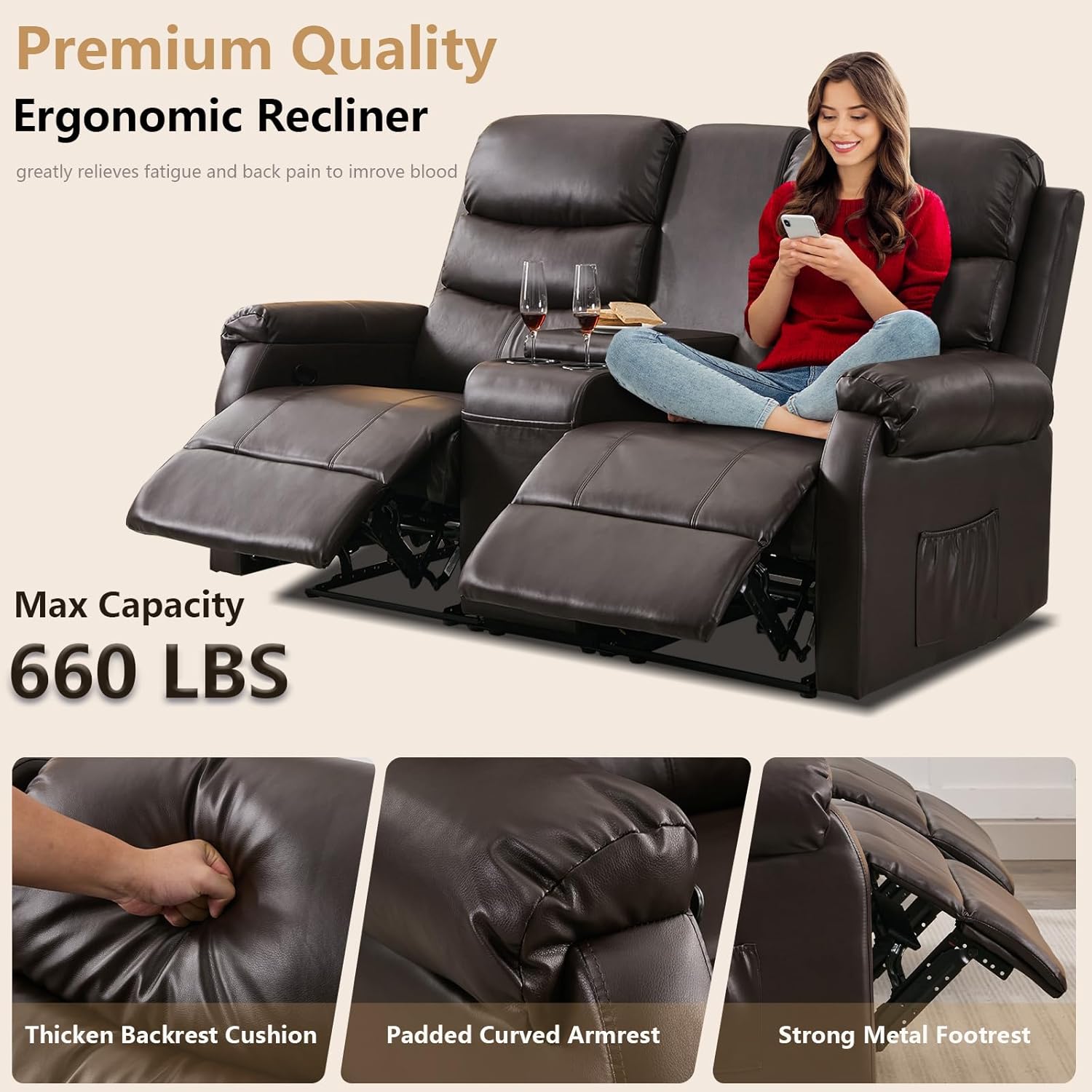 Loveseat Reclining Sofa with Console, RV Recliner Sofa with Cup Holders, Large Pockets, Manual RV Loveseat Recliner for Living Room, Home Theaters (Light Brown, No LED Light)