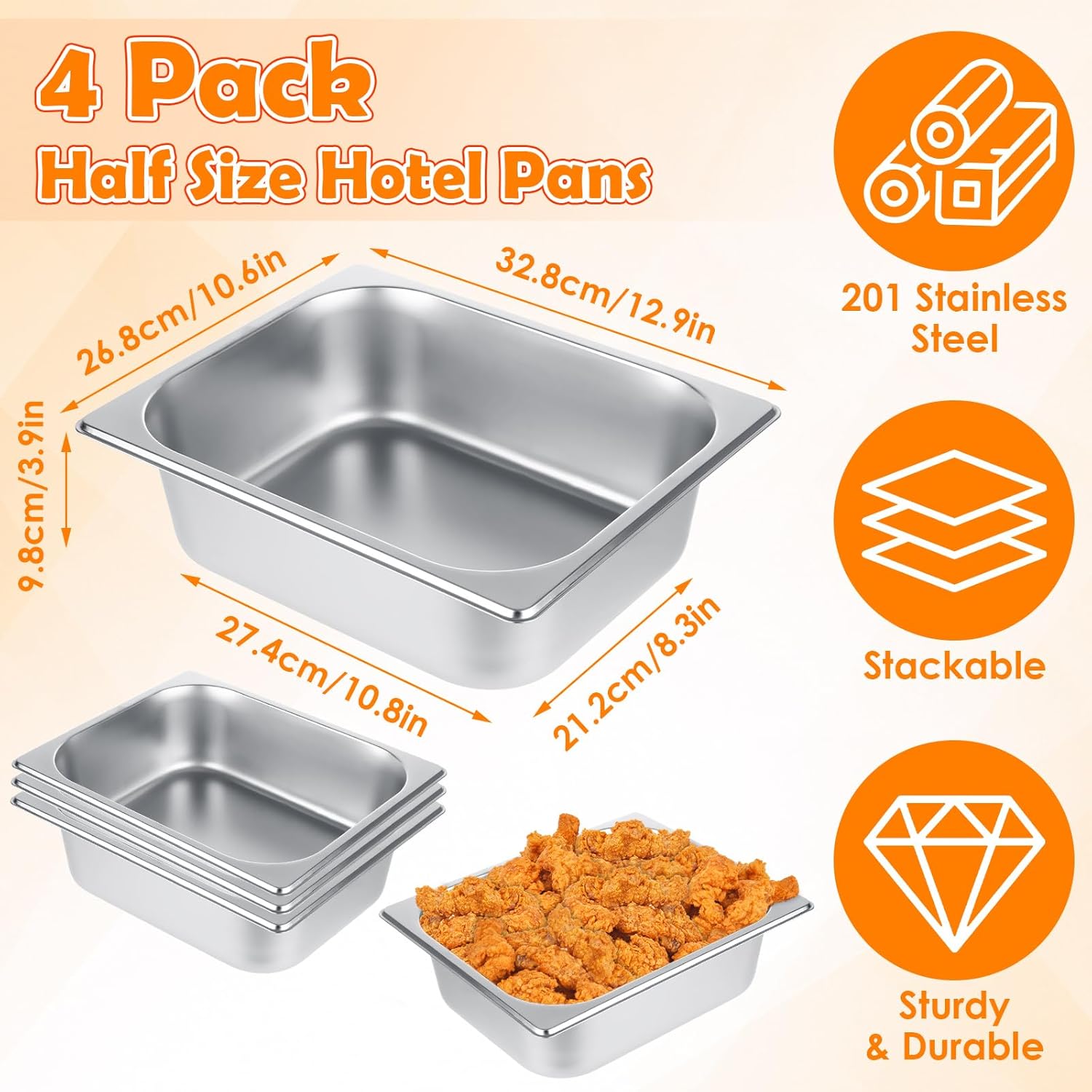 QTLCOHD 4 Pack 1/2 Half Size Hotel Pan with Lids, 4 Inch Deep Steam Table Pan with Lid, 12.8 x 10.4 Inch Stainless Steel Pans for Home, Party, Hotel, Buffet