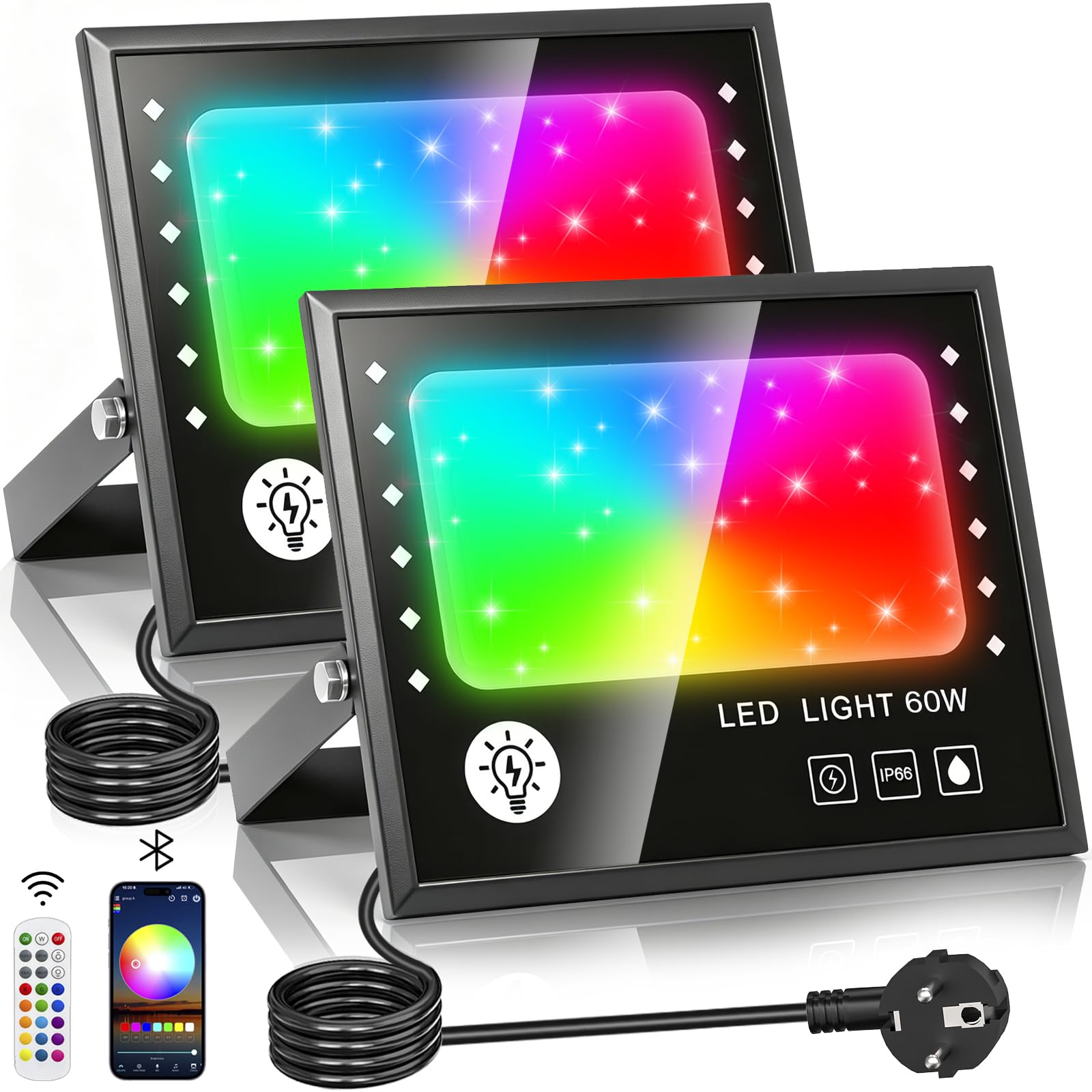 60W Foco LED RGB Exterior,con 2.4G Control Remoto y App Bluetooth,16 Millones de Colores y Modo Estroboscópico DIY,Temporización,IP66,Foco Exterior Para Jardín, Fiestas,Halloween,2 Pieza