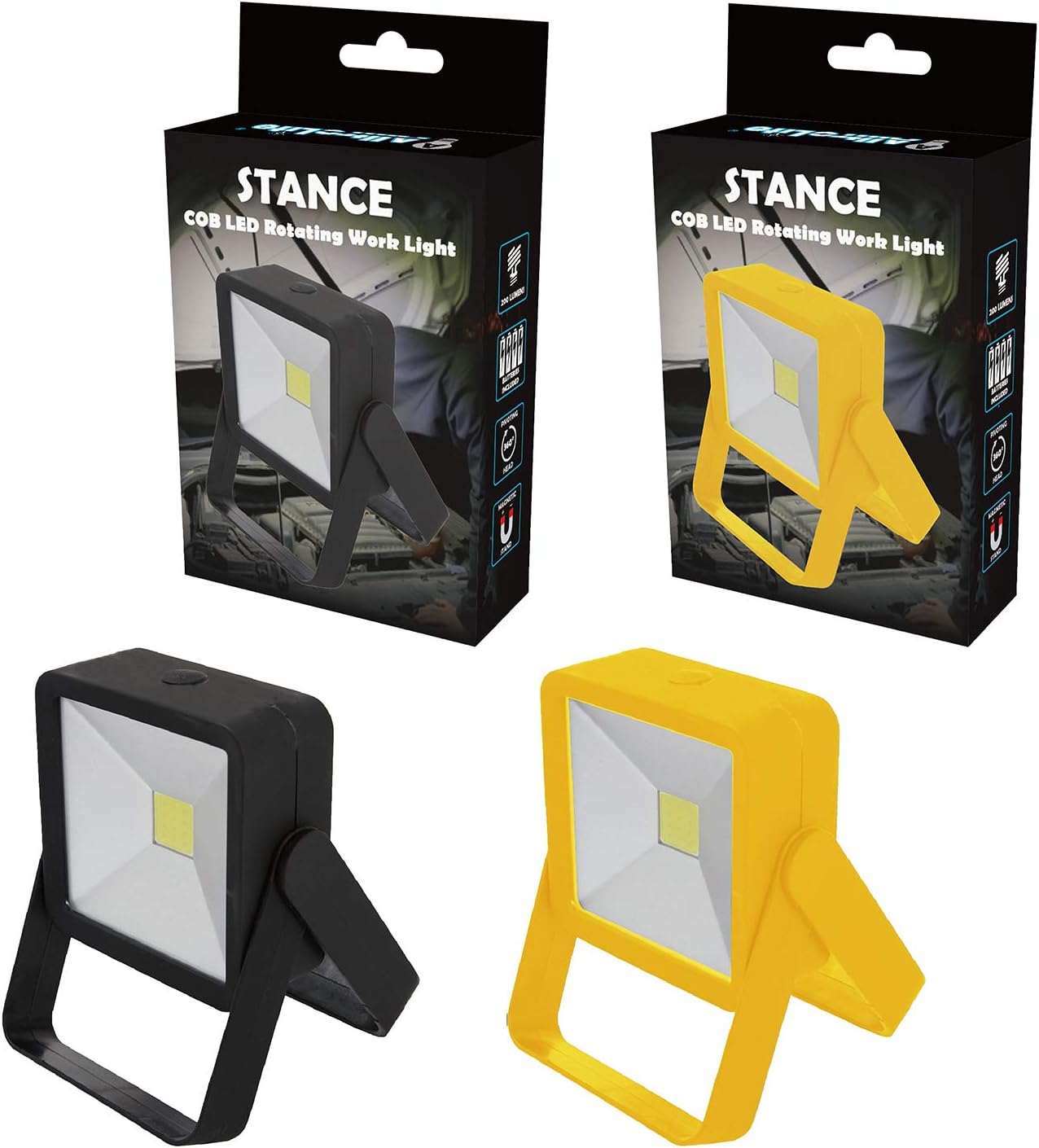 STANCE Kickstand Portable LED Work Light, Hanging Hook & Magnetic Flashlight, Battery Operated Ultra Bright Magnetic LED Light, Inspection Light for Car Repair, Workshop (Batteries Included), Pack of 2