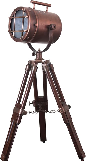collectiblesBuy Antique Copper Tabletop Searchlight LED Lamp Vintage Nautical Desk Light with Adjustable Wooden Tripod Stand | Home Office Decor & Studio Table Accent