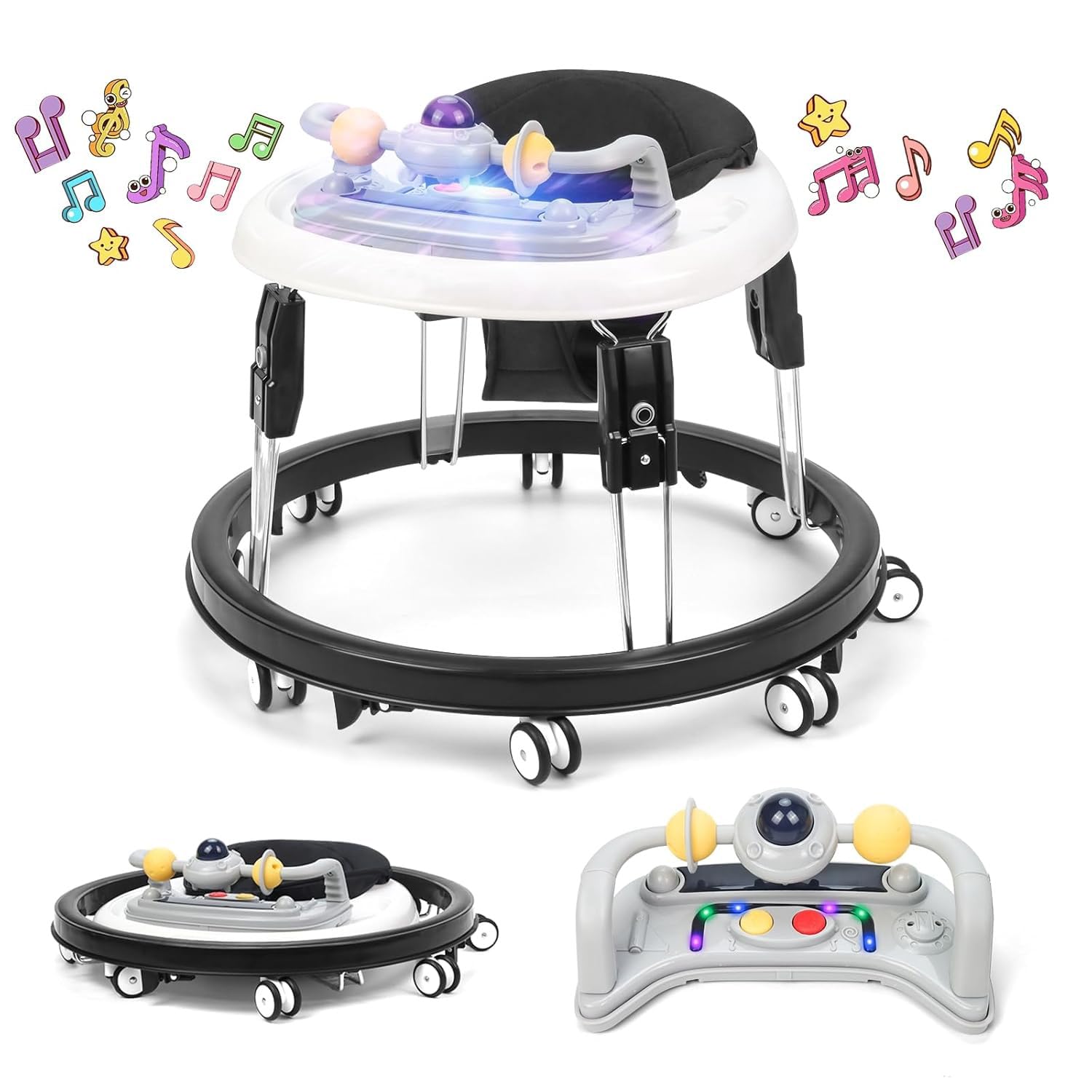 Lauflernhilfe mit Musik und Lichtern, Faltbare Lauflernwagen mit Aktivitätscenter, 7-Gang Höhenverstellung, Anti-Collision Design, Abnehmbarer Platte, Baby Walker von 6-18 Monaten (Schwarz)