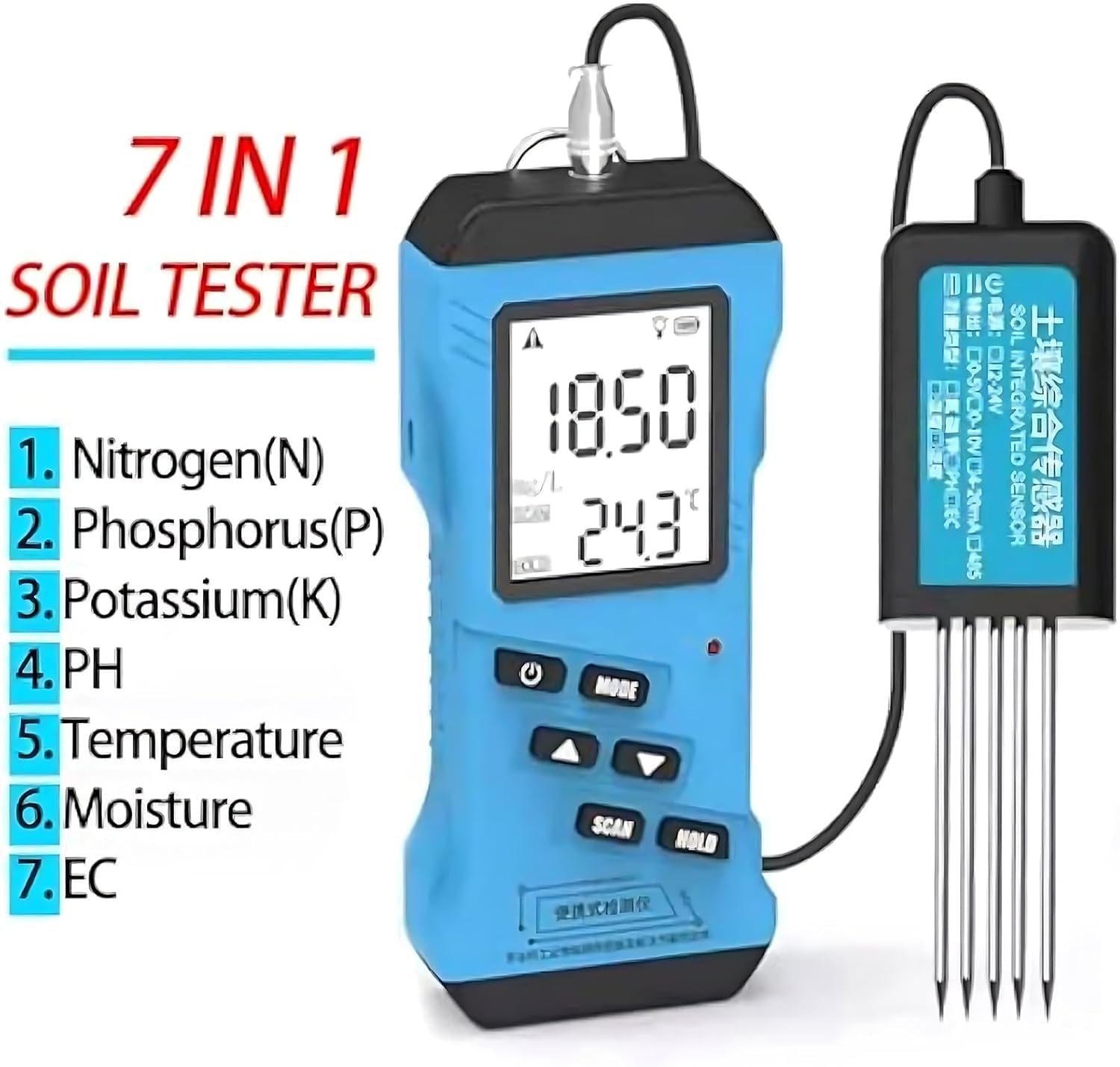 Probador de suelo 7 en 1, medidor de humedad Ec Ph, termómetro de suelo, nitrógeno, fósforo, potasio, probador Npk para plantas de jardín al aire libre, dispositivos de prueba de sensor de alta