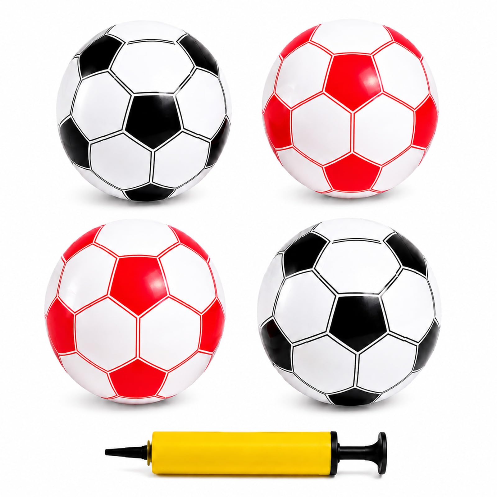 5Pcs Inflatable Football, 2 Red White & 2 Black White Balls, with Pump