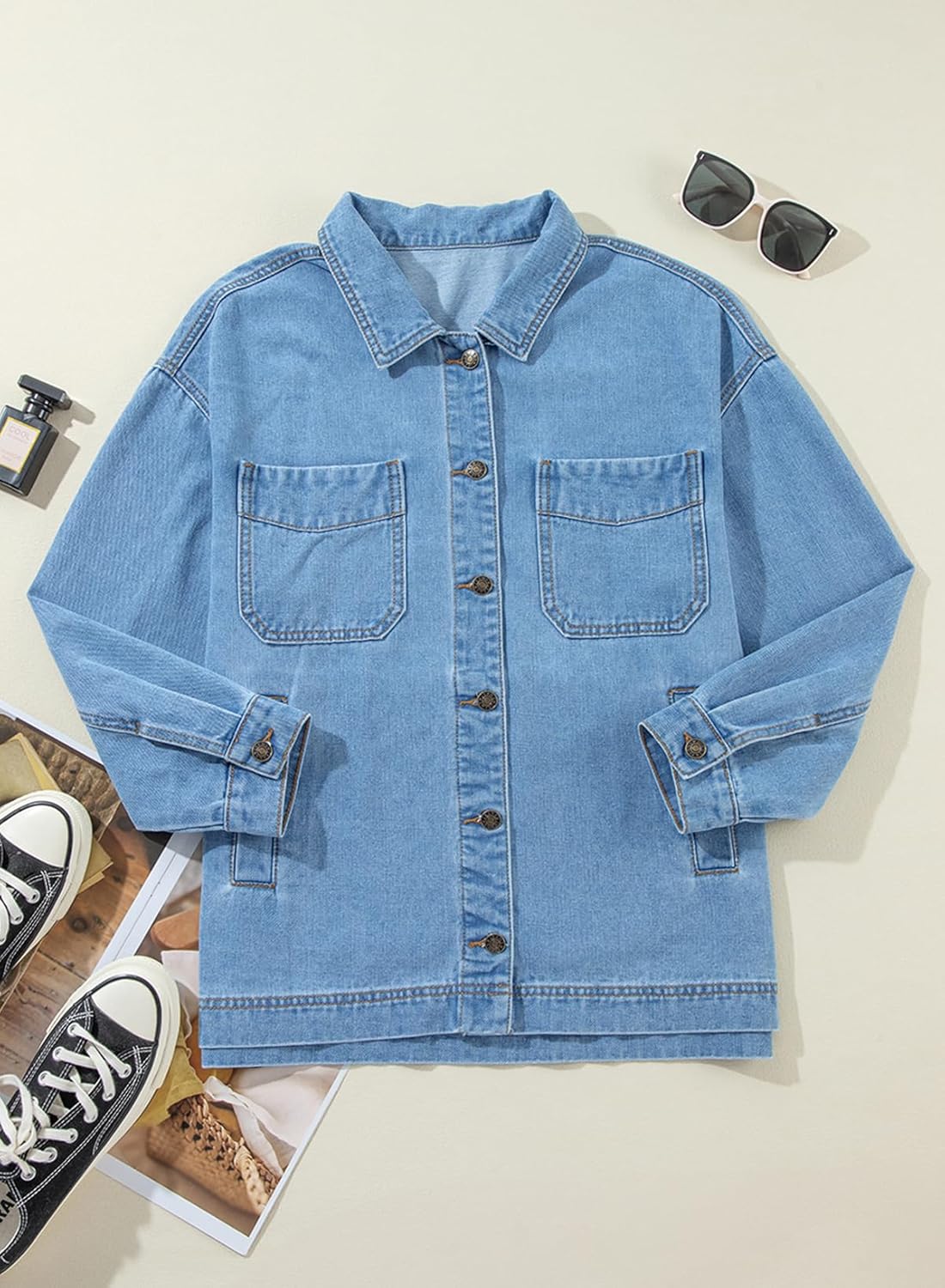 Sidefeel Women's Jean Jacket Oversized Boyfriend Button Up Long Sleeve Split Zimbaplatinum Denim Jackets - Image 4