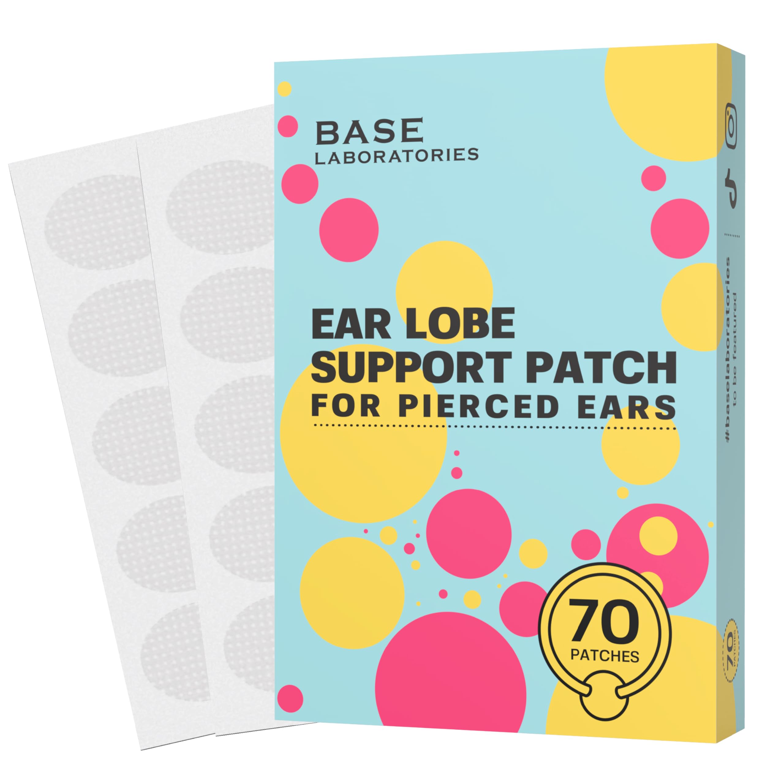 Base Laboratories Ear Lobe Support Patches for Pierced Ears – 70 Clear, Latex-Free Patches – Protects Healthy Ear Lobes from Tearing, Disguises