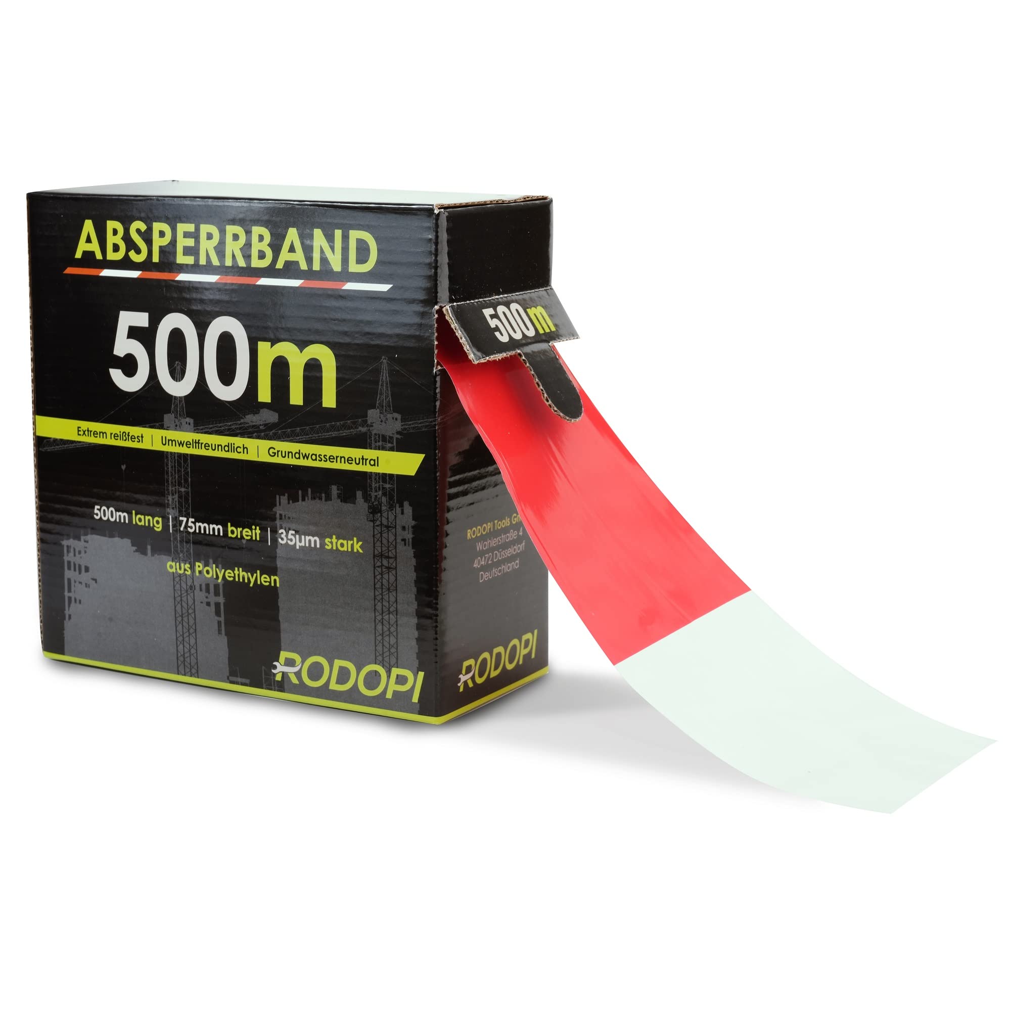 RODOPI Absperrband AreaGuard 500m x 75mm Flatterband rot weiß 50µm Warnband Reißfest Trassierband zum absperren von Baustellen Sperrband gestreift (4 Rollen (2000m))