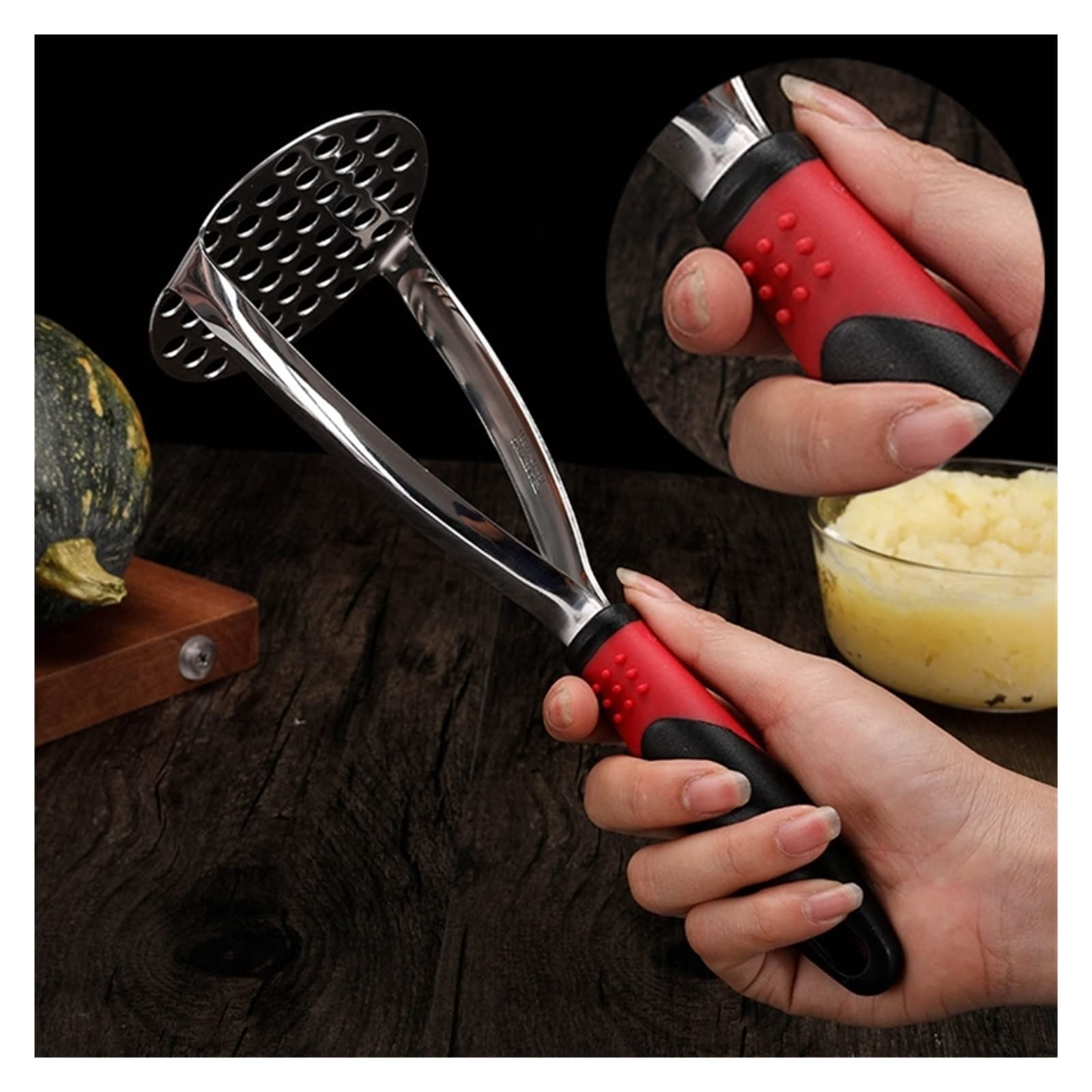 Kartoffelstampfer aus Edelstahl, Kartoffel-Knoblauch-Schlammstampfer, Presse, glattes, püriertes Gemüse, Obst, Werkzeuge, Küchenhelfer-Stampfer