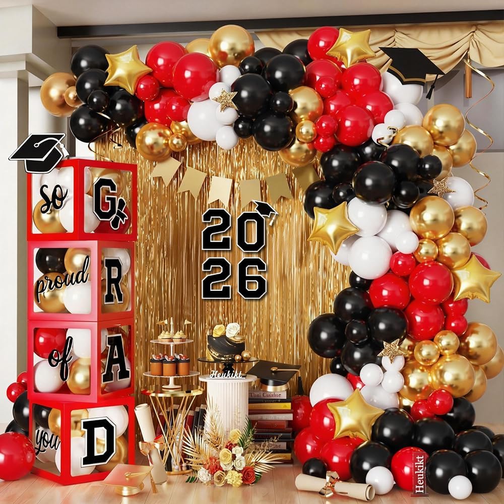 Red Graduation Party Decorations - Set of 4 Balloons Boxes with Red Black Gold Balloon Arch Kit and Fringe Curtains, So Proud of You 2026 Congrats Grad for High School & College Celebrations