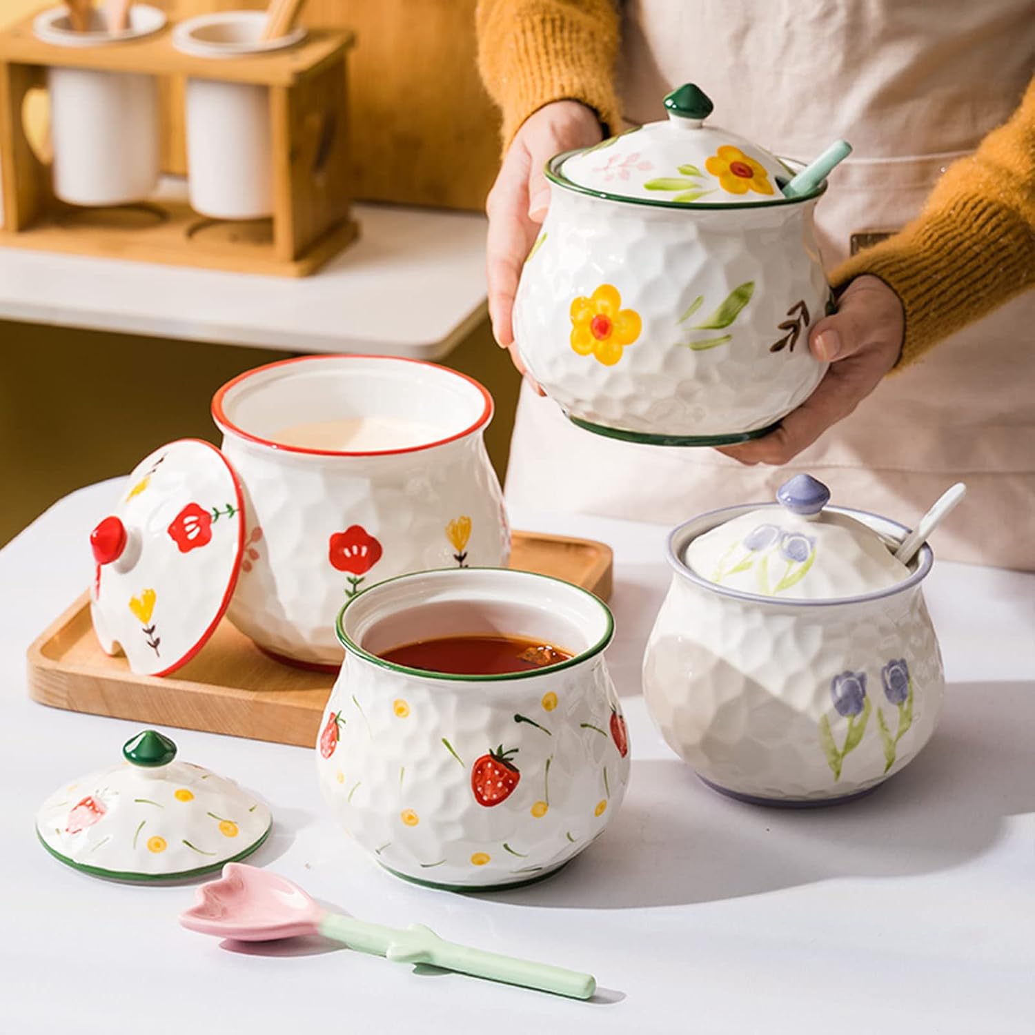 Ceramic Sugar Bowl, Hand Drawn Flower Sugar Bowl with Lid and Spoon, Large Multiple Styles Sugar Pot,(Calendula)