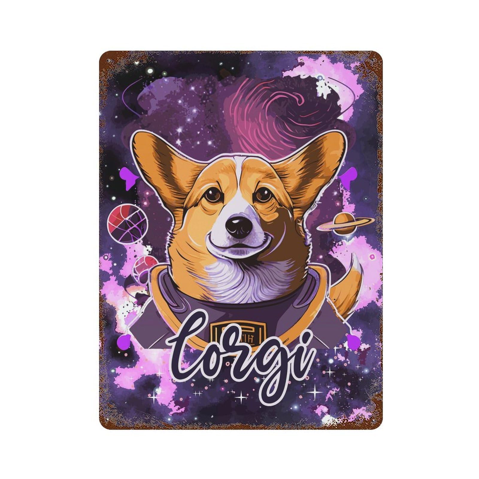 Rusty Metal Tin Sign with Space Suit Corgi Astronaut Design 15.7"x11.8", for Shed, Workshop And Garage Wall Decor, Classic Wall Plaque