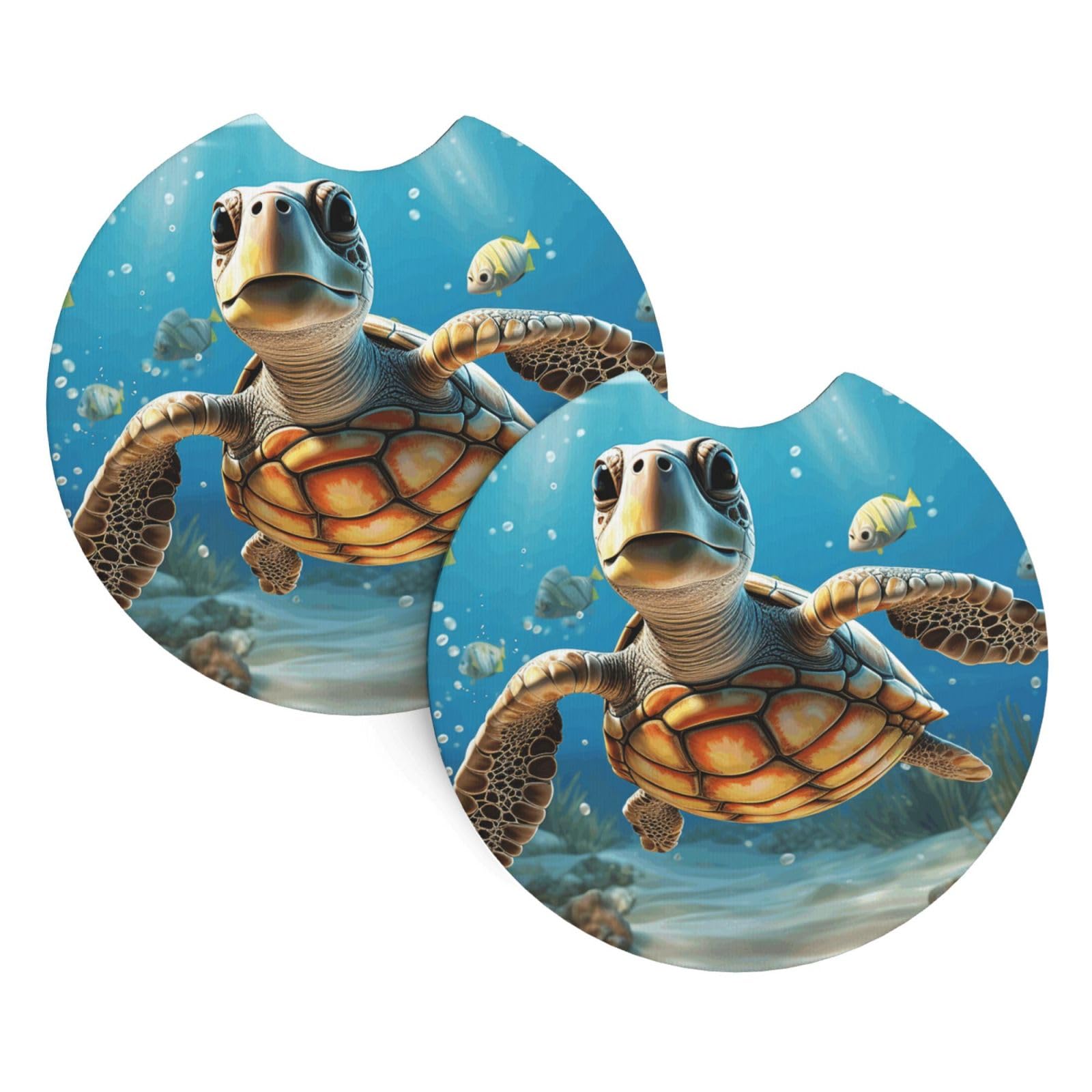 2PCS Car Coaster for Cup Holders Universal Auto Cup Mat Cartoon Sea Turtle Cup Coaster Pad 2.7" Waterproof Neoprene Non-Slip Cup Holder Coasters Car Interior Accessories for Women Men