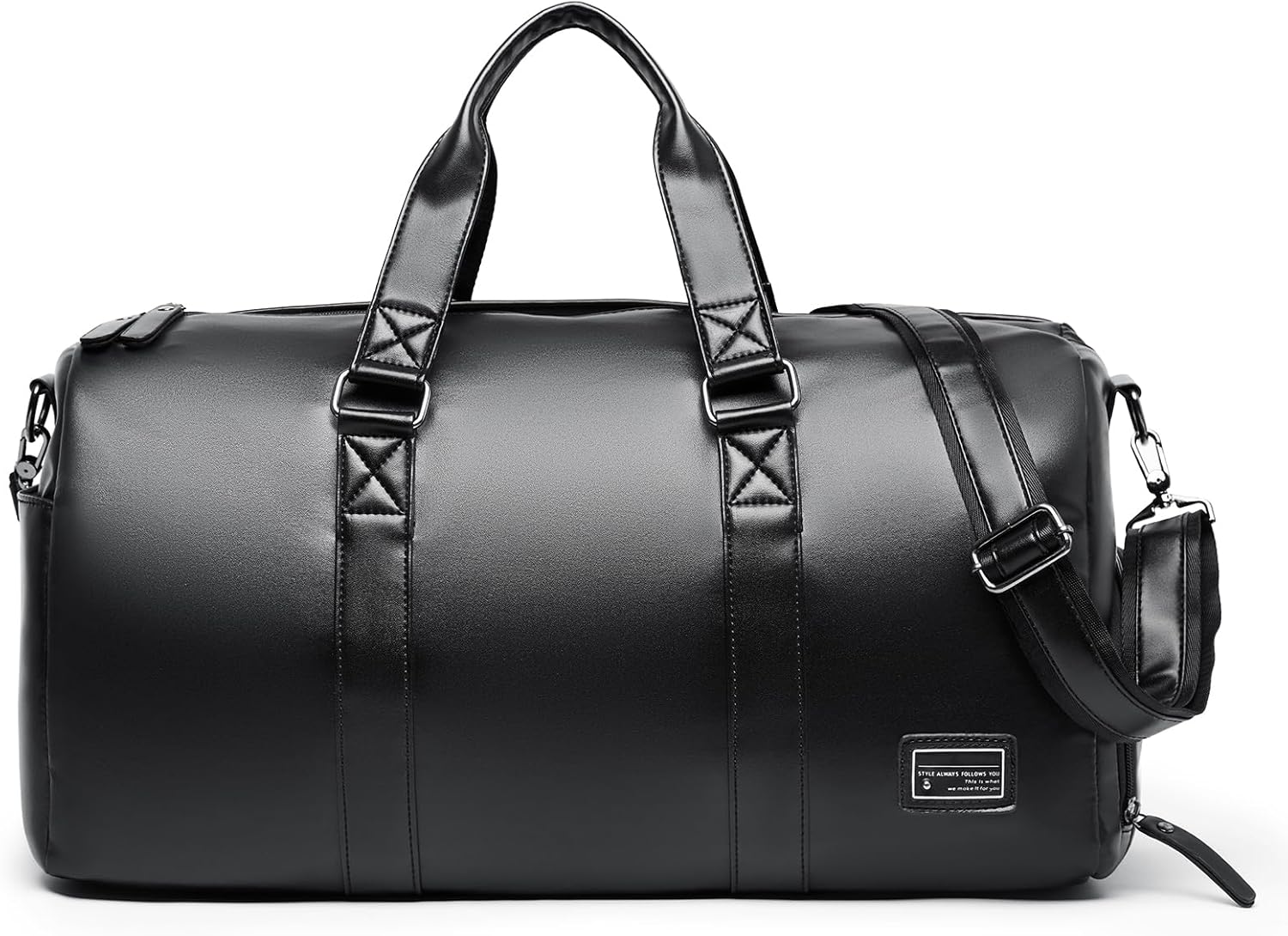 Leather Duffel Bag Men Adjustable Shoulder Strap Leather Travel Gym Bag with Shoe Compartment for Weekend Travel Overnight Sports, Black, 32L