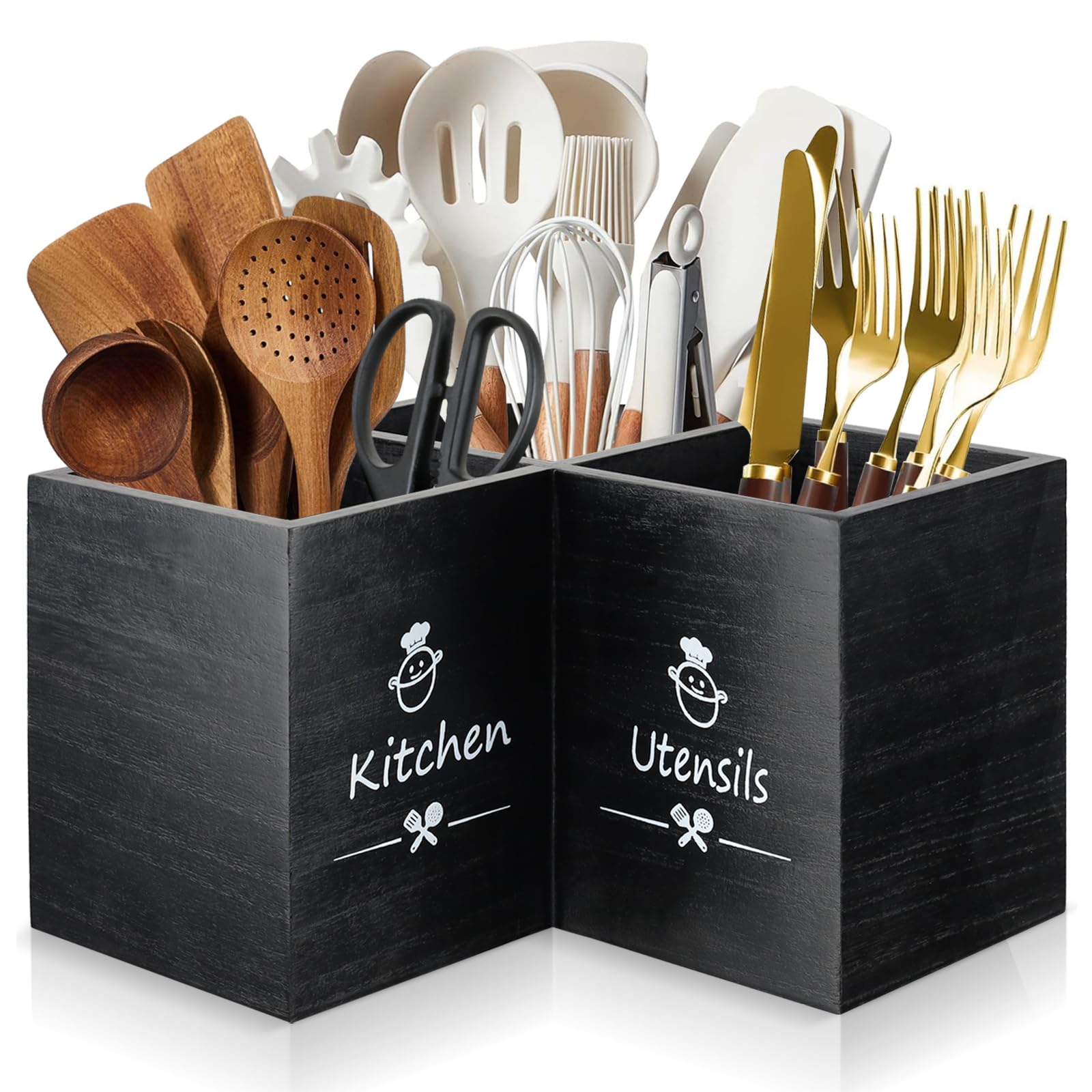 Voency Kitchen Utensils Holder with 3 Compartments,Wooden Cooking Tools Storage for Countertop, Corner Utensil Caddy,Wooden Utensil Organizer for Kitchen Countertop, Farmhouse Decor- Black