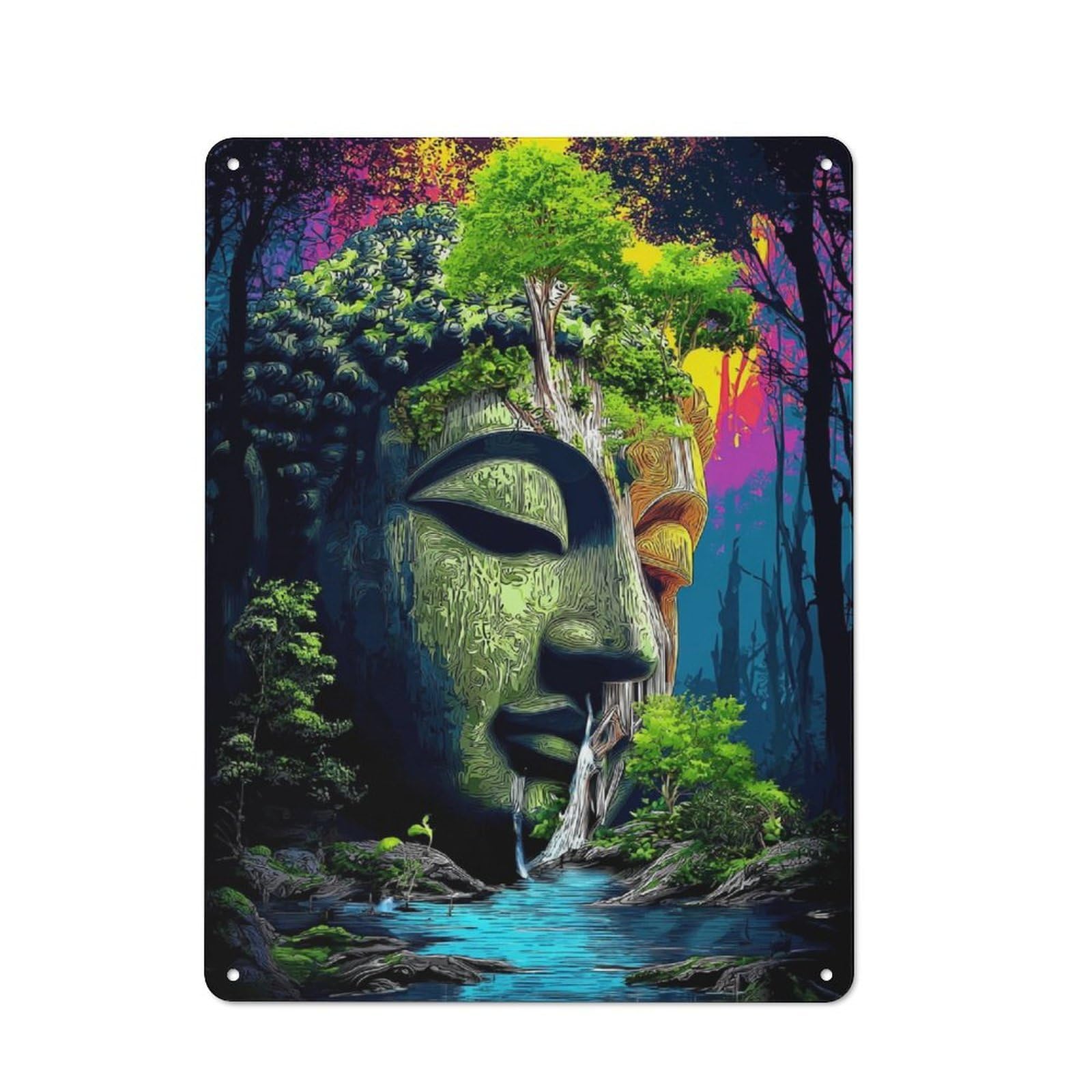 Junmoney Nature's Face In The Forest Metal Plaque With Design 40X30cm, Cosy Diner Style Decor For Coffee Bar, Kitchen, Bistro Or Tea Corner