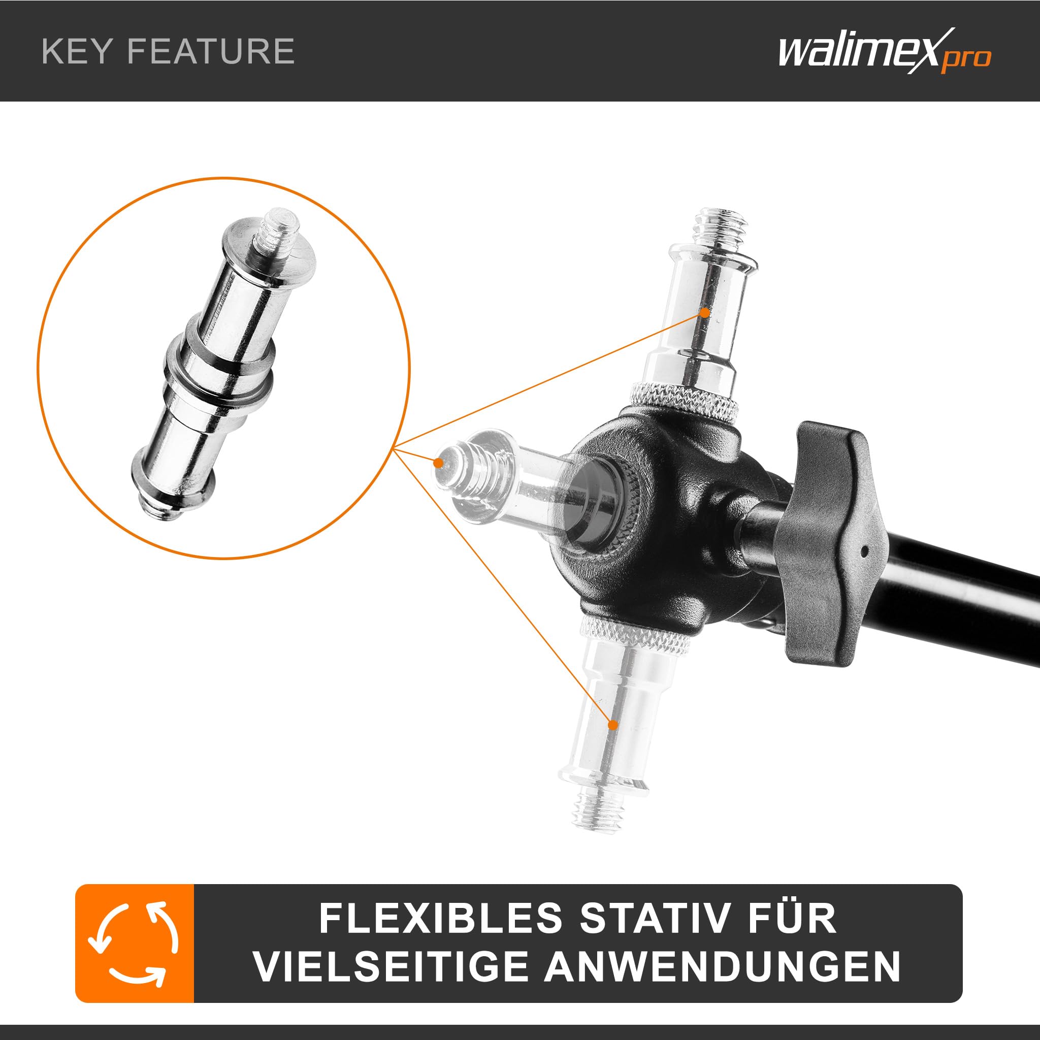 Walimex pro Deckenstativ 34-54 cm, Lichtstativ mit doppelseitigem 5/8" Spigot, Auslegerarm Halterung mit 1/4" u. 3/8" Gewinde, Lampenstativ belastbar bis 6 kg ideal für Videoleuchte, Softbox u. Kamera