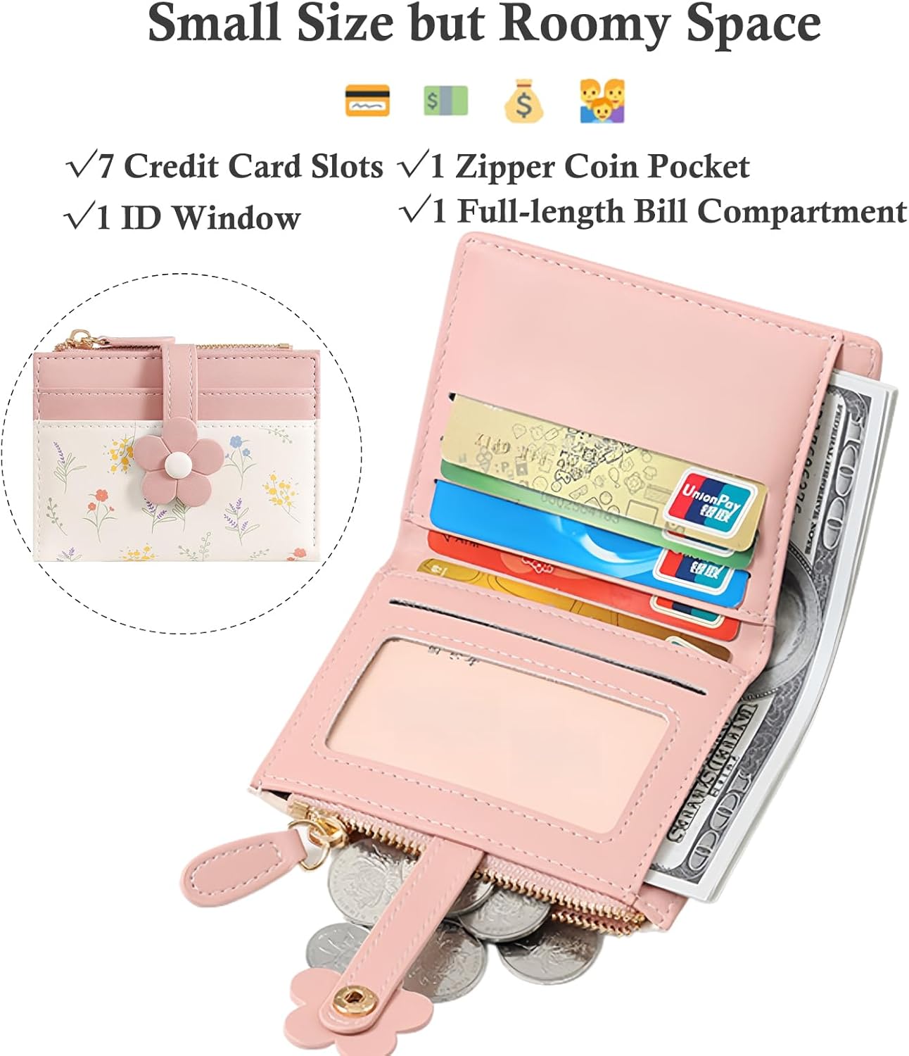 Small Wallet Women RFID Vegan Leather Bifold Compact Card Holder Wallet for Women with Zipper Coin Pocket ID Window - Image 3