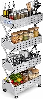 4-Tier Stainless Steel Kitchen Trolley with 360°Wheels, Foldable Storage Rack Organizer, Heavy Duty Rolling Cart,Rust Proo...