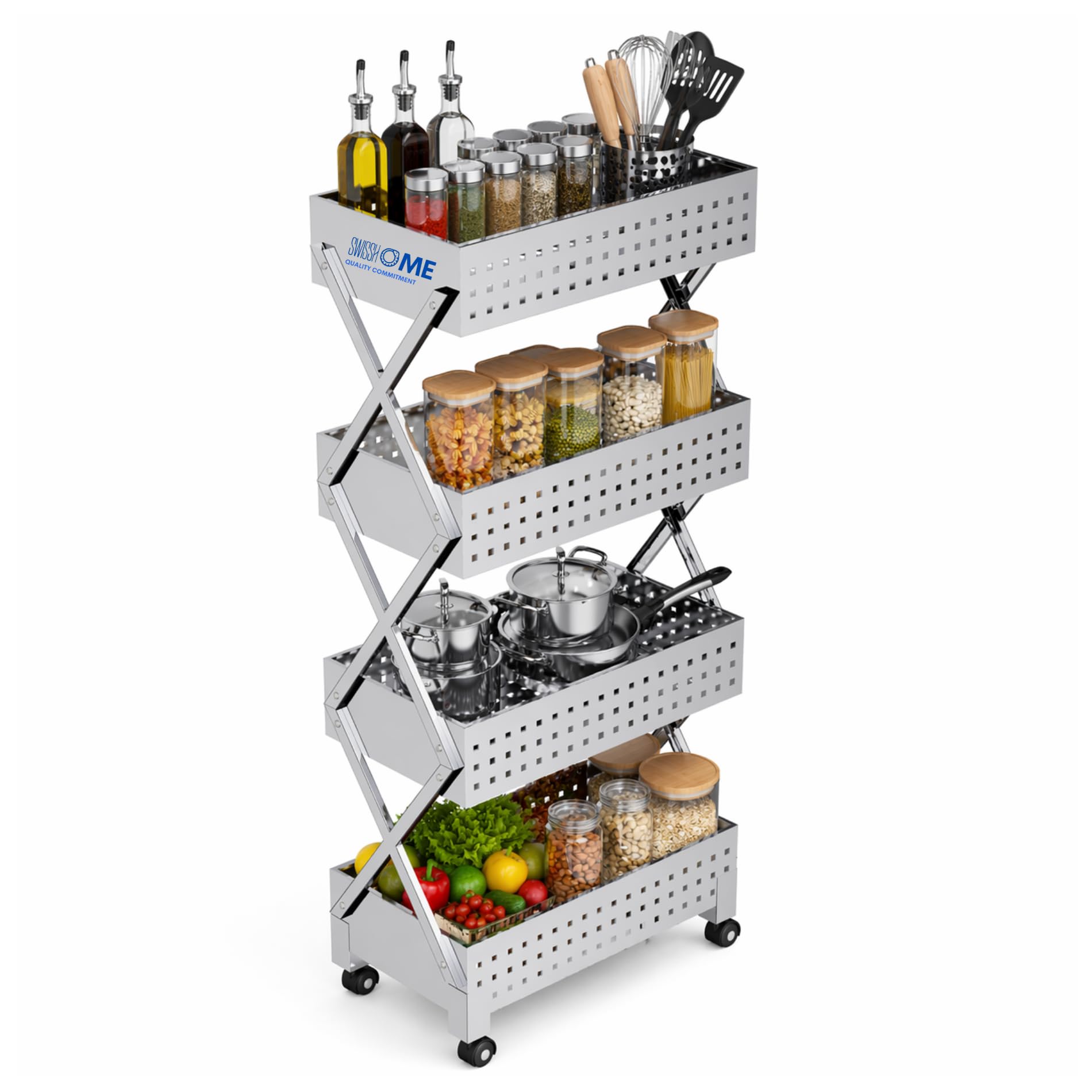 4-Tier Stainless Steel Kitchen Trolley with 360°Wheels, Foldable Storage Rack Organizer, Heavy Duty Rolling Cart,Rust Proof Space Saving Utility Shelf for Kitchen, Bathroom, Office and Multi Use-image-37