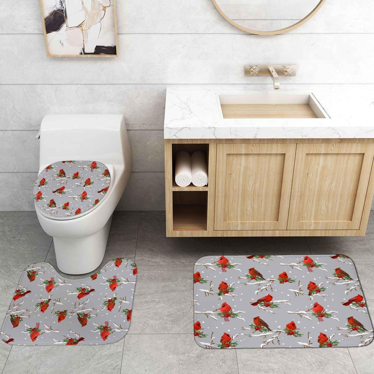 4PCS Christmas Cardinal Shower Curtain Set, Waterproof Fabric Grey Shower Curtain, Non-Slip Bath Mat Bathroom Rugs, Red Bird Poinsettia Floral Plant Branch Winter New Year Xmas Bathroom Decor