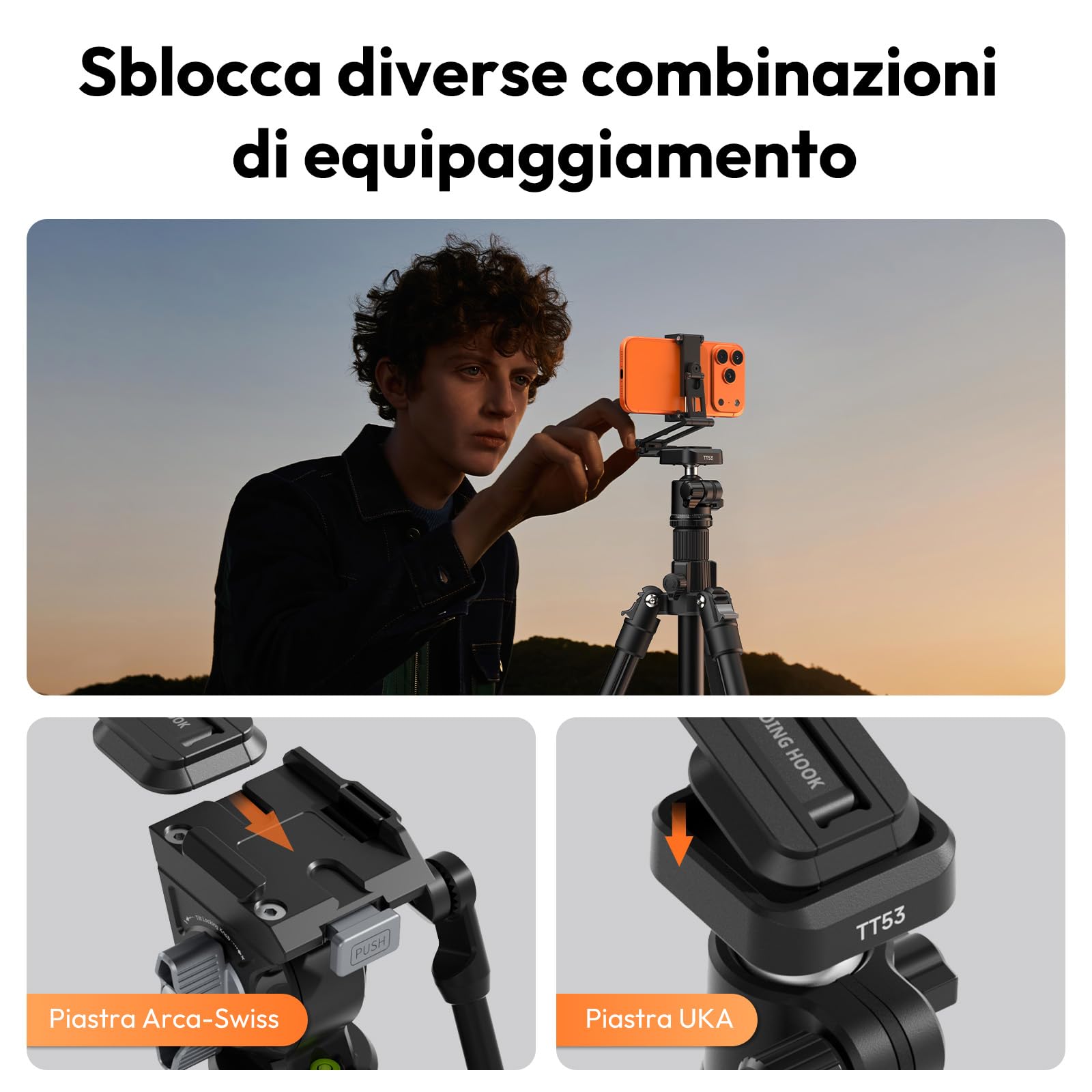 ULANZI SK29 Treppiede per smartphone, 6 in 1, Reversibile, Compatibile con Uka e Arca, Mini tripod pieghevole in alluminio con 2 Cold Shoe, Selfie stick treppiede per iPhone/Android